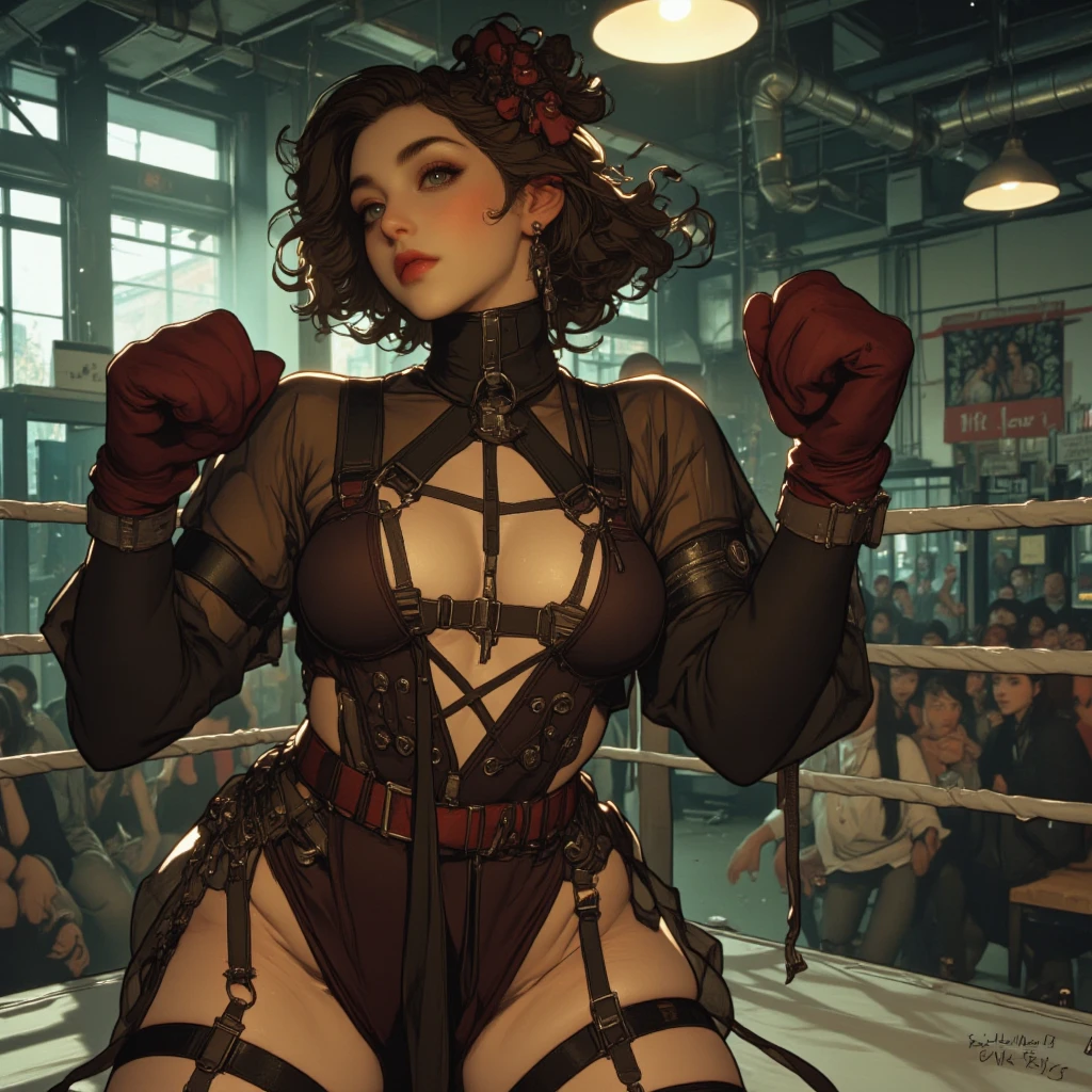 Wide angle shot, beautiful female fighter, wearing large glasses, black undercut hair, wearing large iron gloves, Wear punk style clothes