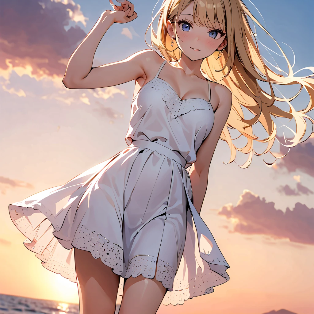 (masterpiece:1.2), (Highest quality:1.3), shallow_sunset, One girl, Are standing, cowboy_shot, straw_Have, Swimwear, dress, Shorts, flower, Starfish, 