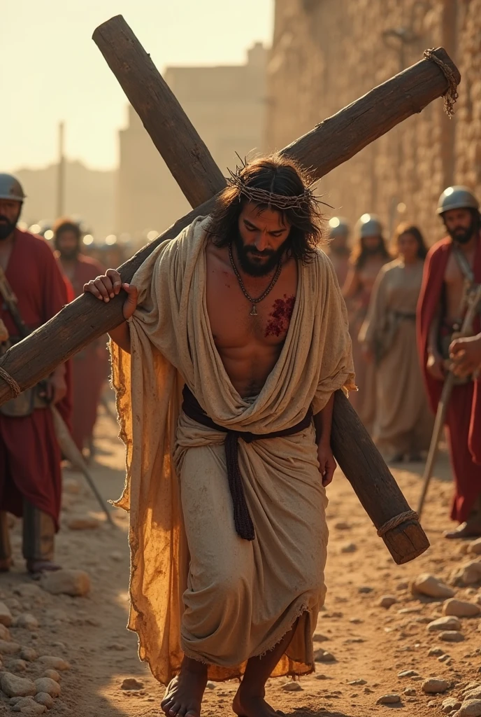 Jesus Christ carrying the cross bleeding a lot and suffering to carry the cross and almost falling to the ground from exhaustion 