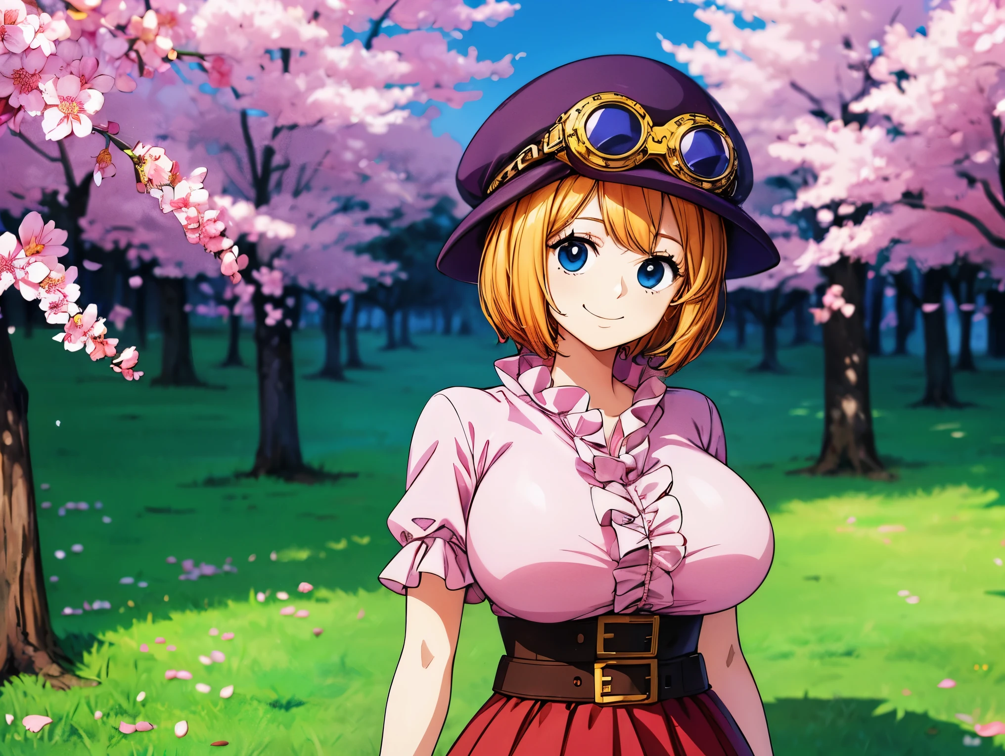 masterpiece, Best Quality , 8k, ultra high resolution, Best Quality , anime style, best writing , beautiful face, masterpiece、 that aren't aligned , high resolution、 very well detailed、koala \( dress\)、 above Decorati has 、Cabbie above Decorati has 、Hat and goggles、 short hair、blue eyes、 Big Breasts、 shirt、Frill shirt、pink shirt、 gloves、brown gloves、belt、 skirt 、Red skirt 、Frill skirt 、Thousands of flowers、blooming background、( upper body:1.3)、 best smile、 Portrait、 angle