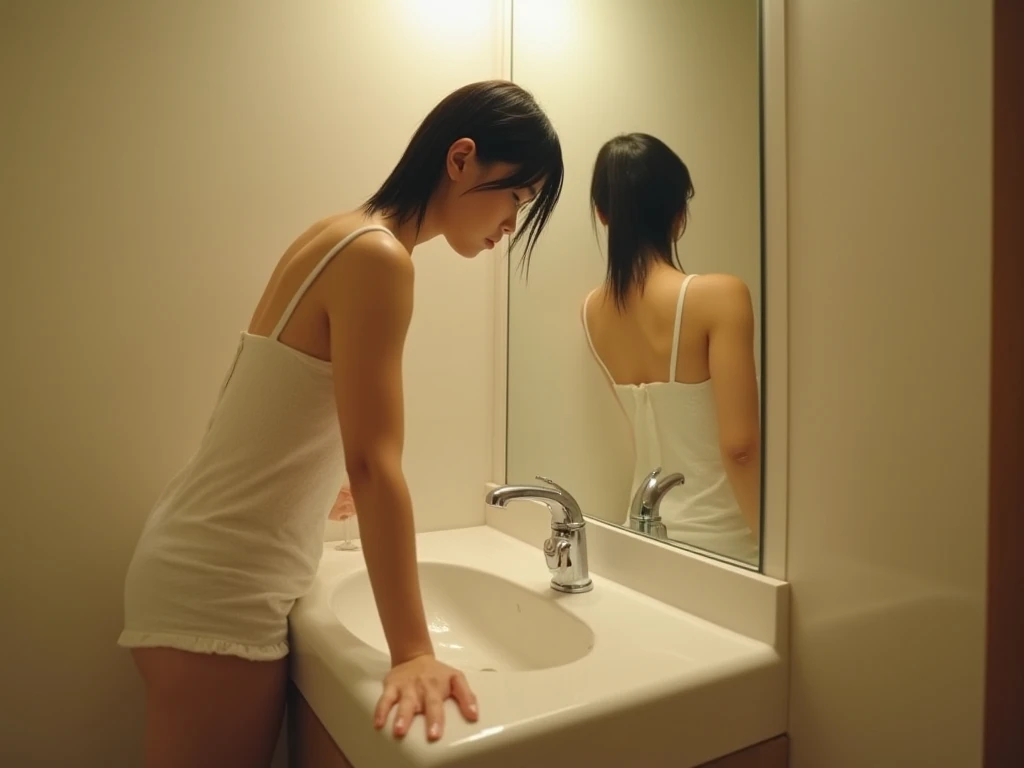 A 19-year-old Japanese woman getting ready in her underwear in front of the mirror in front of the sink, soft morning light. Realistic and cinematic photo. High quality.