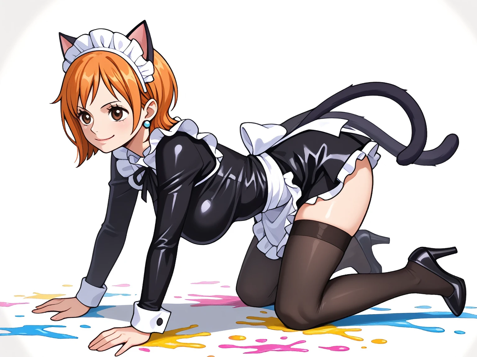 Highest quality, Highest quality, High quality illustrations, masterpiece, Ultra-high resolution, Detailed Background, room, On the bed, Absurd, Perfect Anatomy, Performance, Good lighting, Shadows in the movie(kemono, Furry Personification), Rubber suit, Rubber Suit, latex, Earrings, Maid clothes, male, null bulge