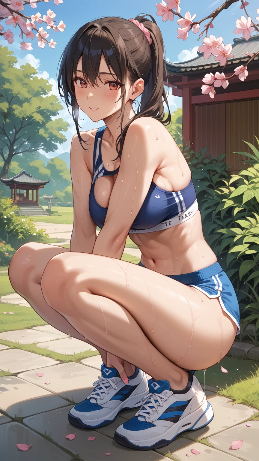 Beauty、school swimwear、brown hair bob、((whole body))、(((photo taken from below)))、pool