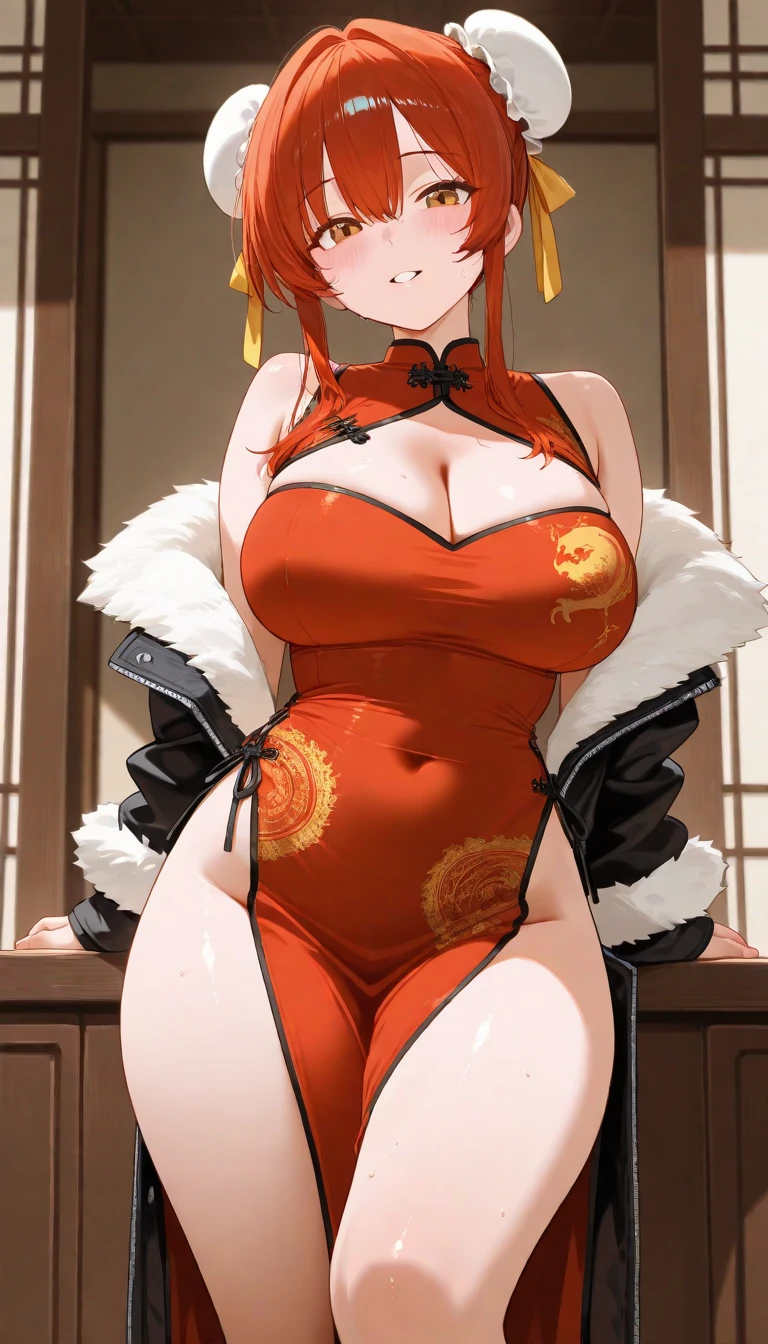 A 25 year old japnese girl, showing her  standing,wearing red bikini, shining light gold hairs, wearing circle spectacles, attractive body,Thick thighs.