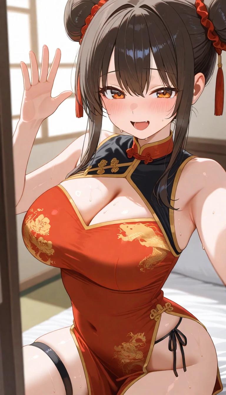 a beautiful woman,Standard red silk cheongsam,Hair tied into a bun,short black hair,Large Breasts,Sexy,Slim body,noble, (gold embroidery thread), (Such),cleavage, City,Outdoor Chinese restaurant,Smile,lipstick,Wear a gold bracelet on your right hand