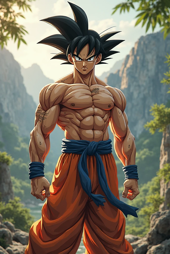 son goku, 1boy, closed mouth, male focus, muscular, muscular male, rock, sash, serious, solo, spiked hair, topless male, torn clothes, ultra instinct, black eyes, black hair, ((masterpiece))