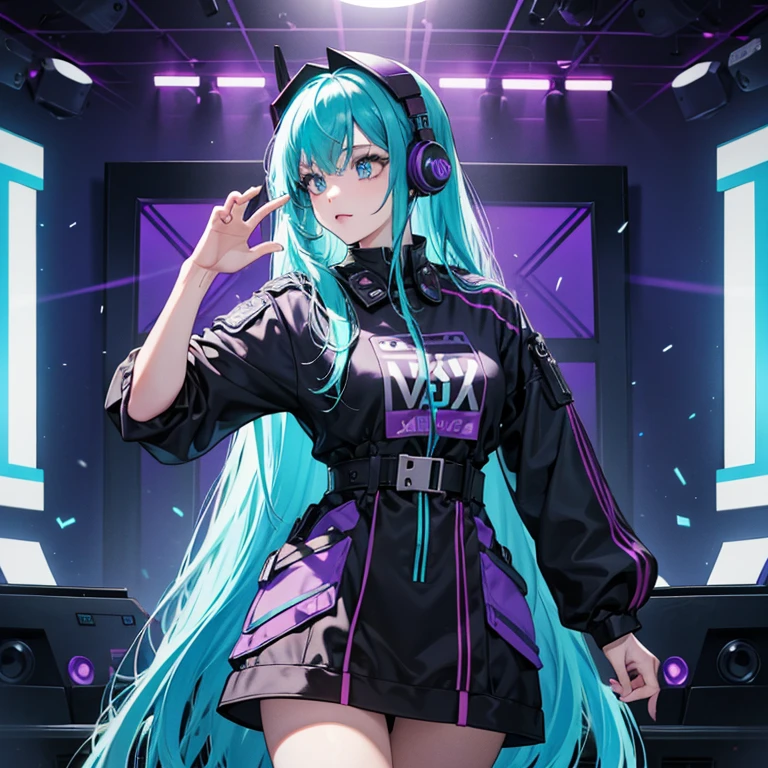 A young woman with loose hair dyed purple, blue and green, wearing a white leather jacket decorated with bright graffiti and a rainbow tulle skirt, dancing in a futuristic environment with LED walls displaying geometric patterns. Large headphones with holographic details dangle from a hand as it moves with grace.