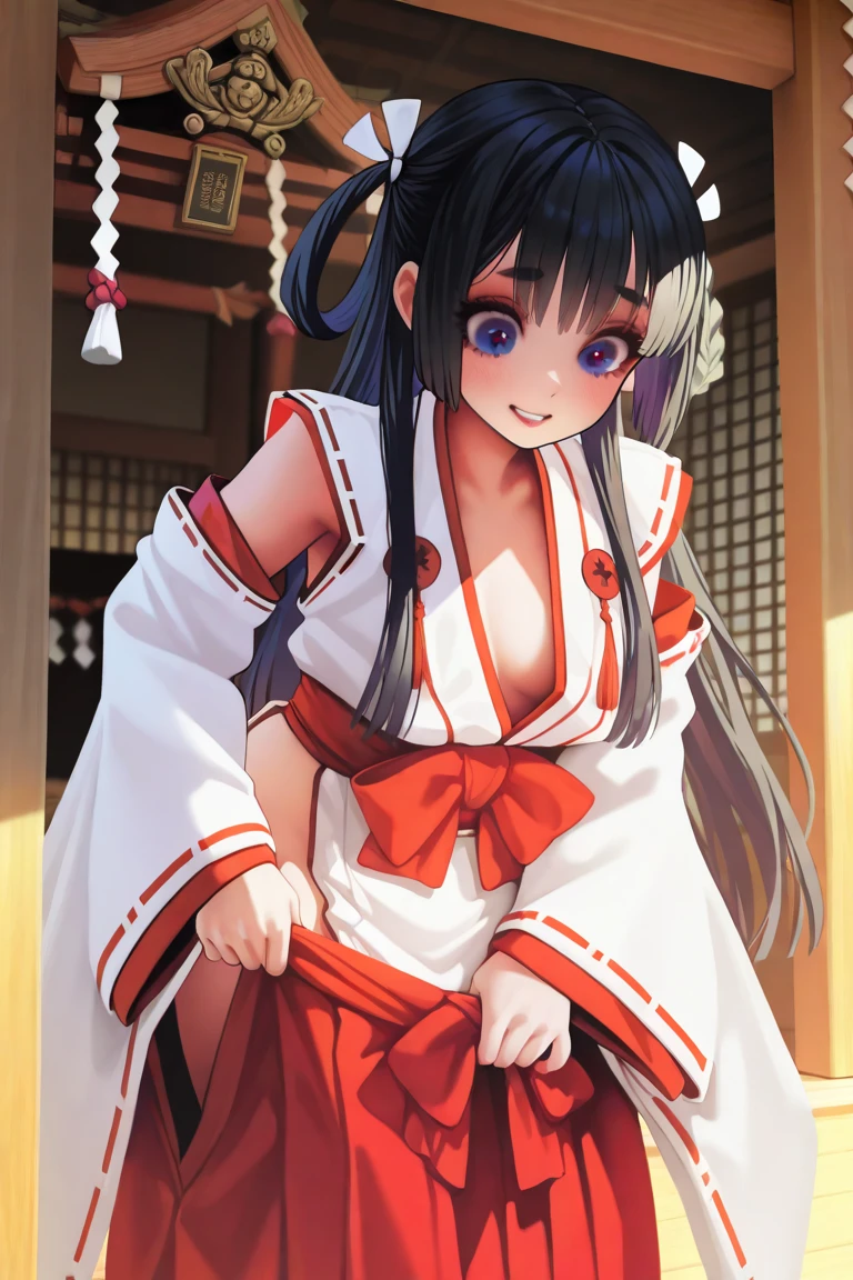 ((4k、8k、top-quality、perfect fingers: 1.3、perfect anatomia: 1.3、Background blur))、((sixteen years old、a beauty girl 、a baby face、Black and white Japanese leotard shrine maiden uniform、long straight hair、beautiful big slanted eyes))、Happy smiling face、Full body display、blue sky and summer meadow、