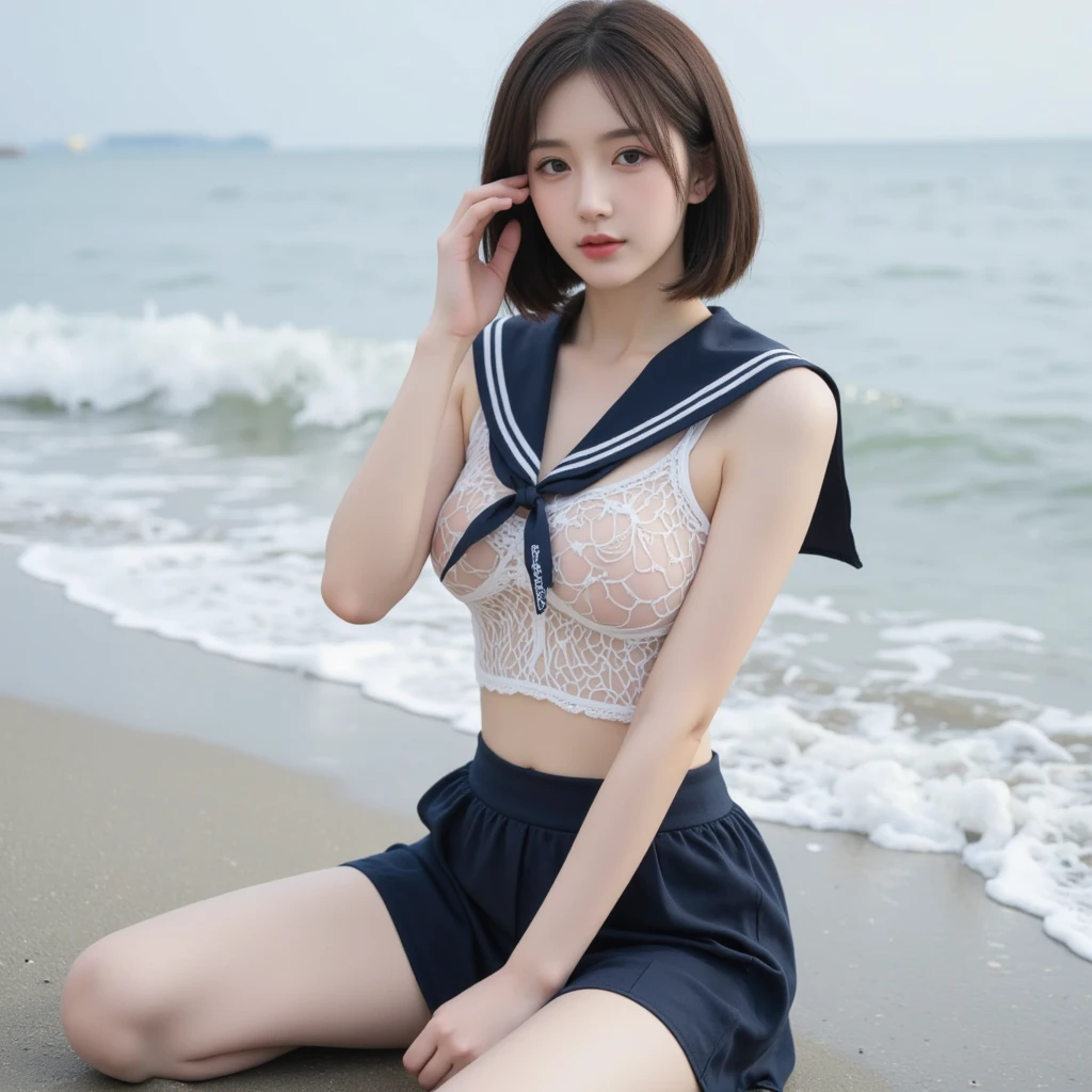 Beautiful high school student wearing school uniform by the sea,Super high value,extra very short hair,Delicate hair,Fair face and skin,Hanging water droplets,Happy playing in the water,Large breasts,Chest hyperexcion,perfect body figure,The sea is crystal clear