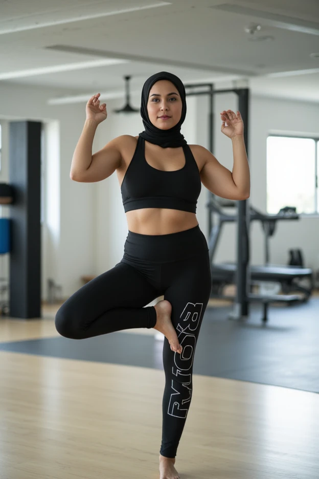 A woman in hijab squats