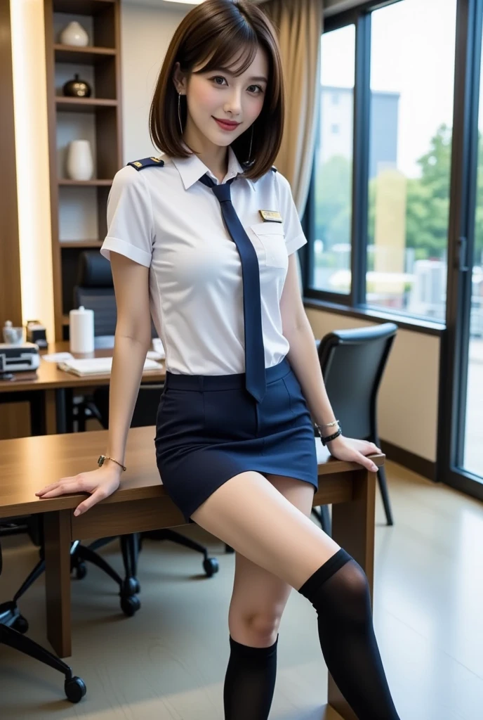 light clothing、formal attire、night景、light、blue eyes、blonde、full body photo、(look to the side),(side shot),sexy face、long straight hair_hair reaching down to waist、 complete appearance、(((masterpiece)))、(perfect breasts),((best quality))、((超realistic))、成熟したfemale、成熟したfemale、aspect、very detailed、smile showing white teeth、Best image quality、Detailed image quality、beautiful、Europe, female, French, female Italian, Italian, The perfect smile、blue eyes、jewelry store, blue eyes, realistic, high resolution, light나는 피부, (detailed face),jewelry store, , night, blue hair,blonde, wavy hair,attractive appearance, The perfect smile,(Air hostess),Cabin Attendant,tight miniskirt,White short-sleeved shirt that fits the body perfectly,My shirt buttons are all undone.,Silk tie,inside the airplane