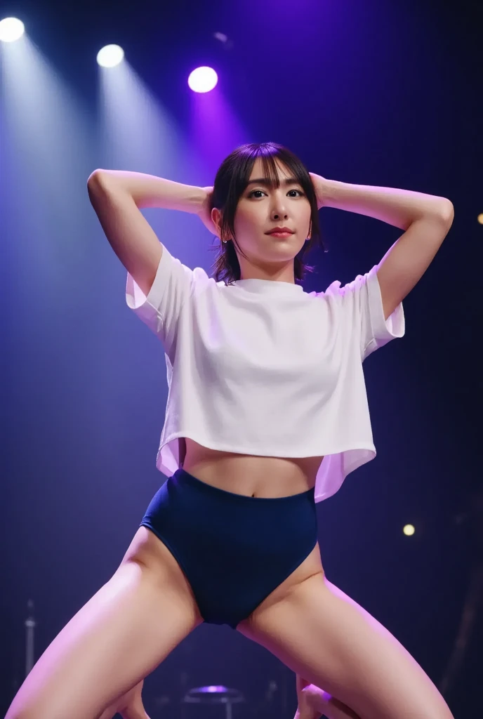 14years, Upper body, japanaese girl,lighting like a movie、top-quality、pole dancing naked girl、Eyes from below、on a stage、embarrassed from、full of sweat、Wearing sweat