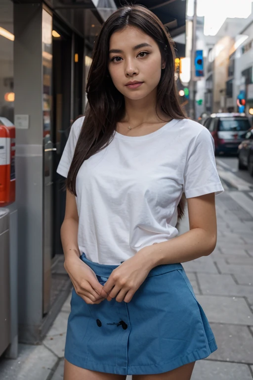 There is a woman dressed in blue jeans, White T-shirt, front view、Superior quality、realist、white pants, excellent face definition, green eyes, Red hair, hair tied, medium breasts, symmetrical body, perfect body、going down the stairs of Tokyo station、walking