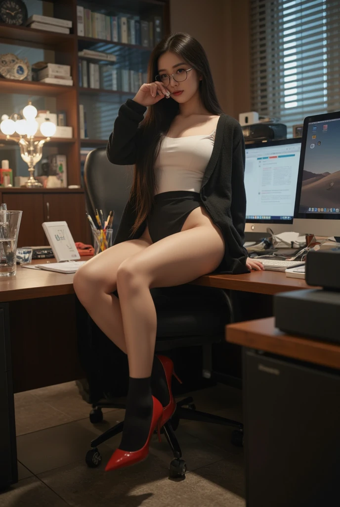 Masterpiece, best quality, long hair, sitting in a computer chair, black stockings, slim legs, off-the-shoulder, 4k quality