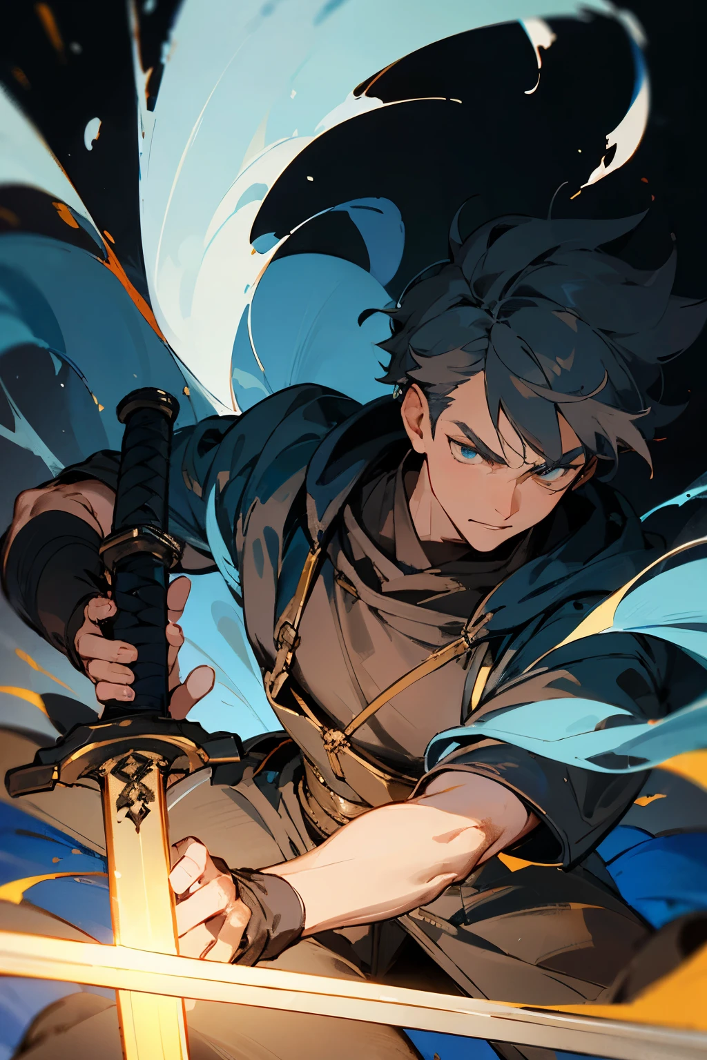 (absurdres, highres, ultra detailed), masterpiece, best quality, real light and shadow, solo, a boy with black hair, white sleeveless outfits, handsome, finely eye, detailed face, detailed eye, black scarf, two swords, dual-swords, a swords surround by blue flame, tattoo, from below, look down, ruined city, dark background, swirl, spark, cowboy shot, BREAK, blue eyes, BREAK, GlowingRunes_paleblue sword,