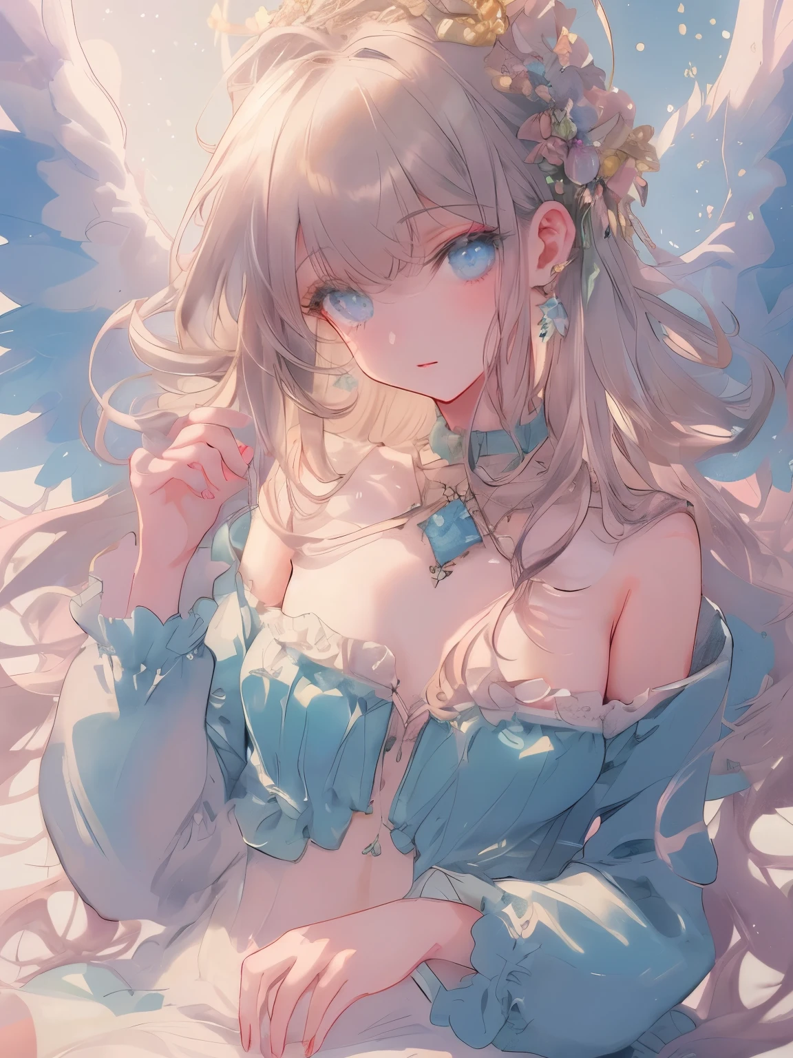 anime girl in a bathtub with a feather in her hand, loli in dress, cute anime waifu in a nice dress, anime goddess, small curvy loli, beautiful anime girl, blonde anime girl with long hair, pretty anime girl, cute anime girl, splash art anime loli, fluffy chest, anime best girl, anime visual of a cute girl, seductive anime girl