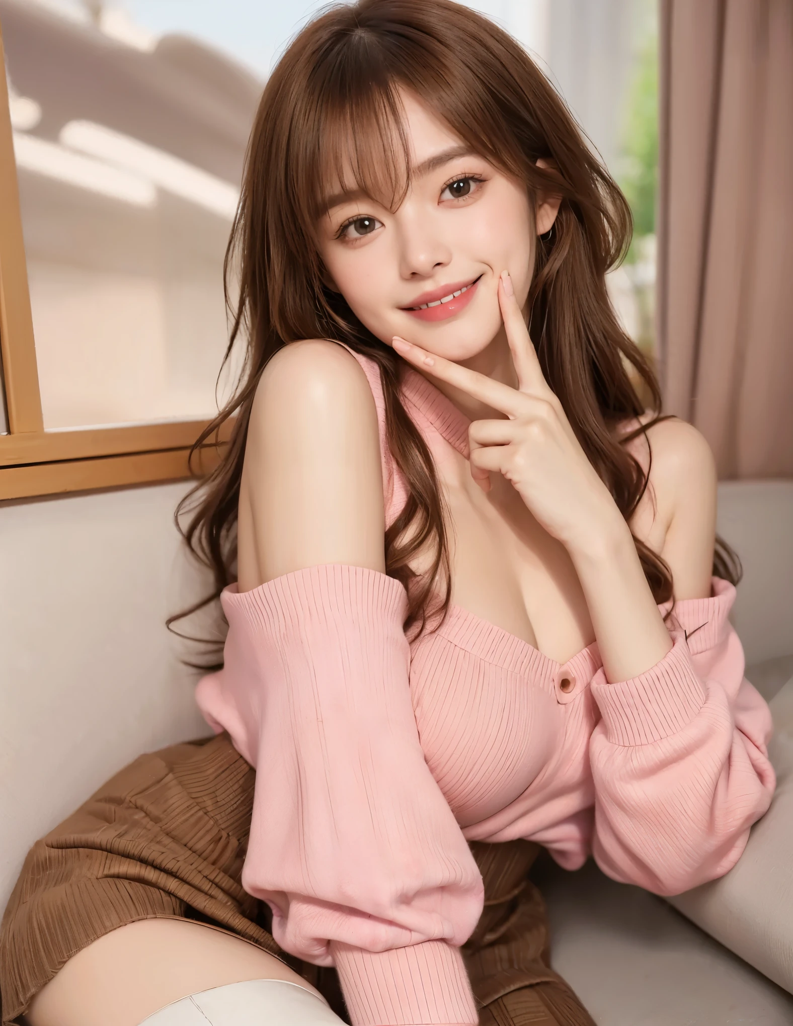 table top, highest quality, Photoreal, finely, High resolution, 8k wallpaper, perfect dynamic composition, beautiful and fine eyes, medium hair, tied hair、big and full breasts, random sexy poses,chest to chest、(Tight pink see-through knitwear)、(Breast bulge 1.3)、laughter、open your mouth、The tip of the tongue is visible、(Licking Tongue 1.5)、beautiful resort scenery、25 years old、(droopy eyes 1.4)、Adult beauty、Japanese、look at the person taking the photo