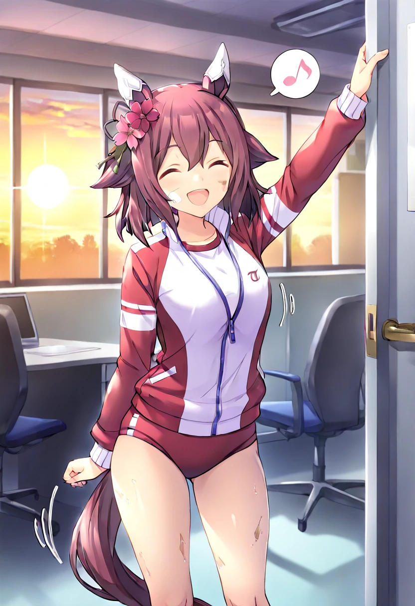 best quality, masterpiece, highres, solo, {saotome_ichina_birdiewinggolfgirlsstory:1.15}, brown_hair, short_hair, ponytail, bangs, open_mouth, brown_eyes, 1girl, jacket, looking_at_viewer, track_jacket, smile