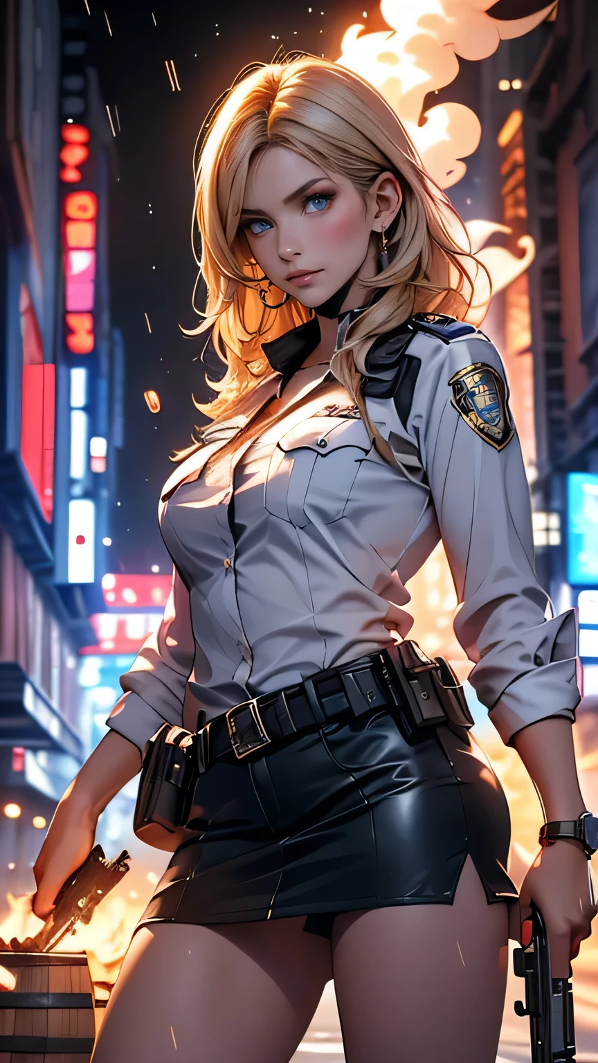Photorealistic, high resolution, Soft light,1womanl, Solo, Hips up,Night City, (Detailed face),tattoo,ink,Open navel,Police badge,Police badge,Lace pleated skirt, jewelry, Police uniform,coiffed blonde hair