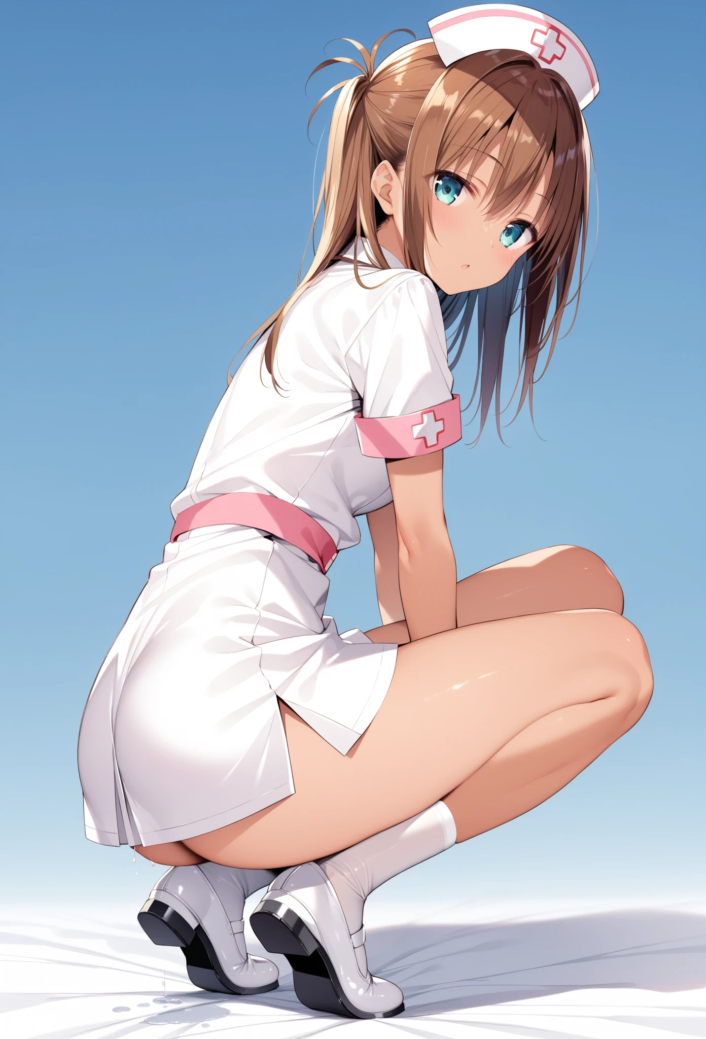 (best qualtiy,A high resolution,tmasterpiece:1.3),1girl, solo, tennis wear, White polo shirt, White sneakers, white mini-skirt, tmasterpiece, Best quality at best, Photorealsitic, ultra - detailed, slim, (shiny skins, perspired:1.4), absurd res, looking at viewert, Long double ponytail, brunette color hair, with brown eye, Dynamic light and shadow, A high resolution, Sharp focus, depth of fields, detailedeyes, Sharp pupils, Realistic pupils, (smallunderboob:1.3), (thick thight:1.1), exteriors, Skysky,White knee-length socks,White ribbon hair ornament,perspired