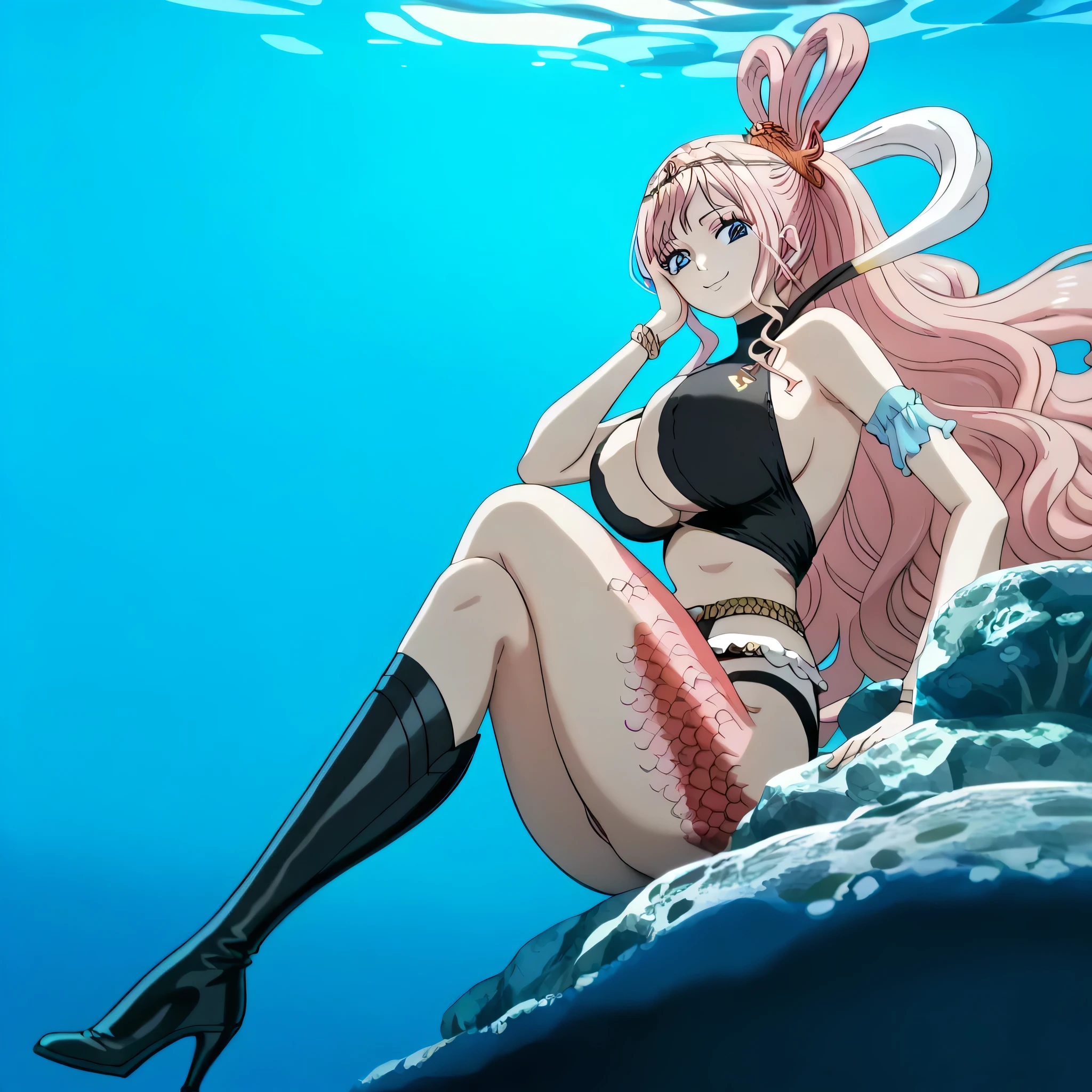 (((Masterpiece))), (((Best Quality))), ((Super Detail)), ultra-High resolution, score_9,score_8_up,score_7_up,score_6_up,score_5_up,score_4_up, BREAK, source_anime, anime screencap, uncensored, rating_explicit, Masterpiece, (best shadow), (absurdres), (detailed background), (very aesthetic), shiny, detailed beautiful eyes, outstanding, countershading, detailed soft lighting, an exquisite animation illustration, curvy, dark persona, empty eyes, expressionless, blank eyes, looking at viewer, full body, emotionless, Fighting Stance, horizontal pupils, (((black leotard, clothing cutout))), high heel boots, knee boots, circlet, armlet, bracelet, belt, halterneck, (((solo, 1girl))), hair ornament, seductive pose, submissive pose, Huge breast, large breast, shirahoshi, blue eyes, very long hair, ponytail, pink hair, hair rings, mermaid, scales, fish tail, underwater background, sea background, ocean background, submerged, seductive smile, lying down on rock, looking from side, view from side, from side, hand on face
