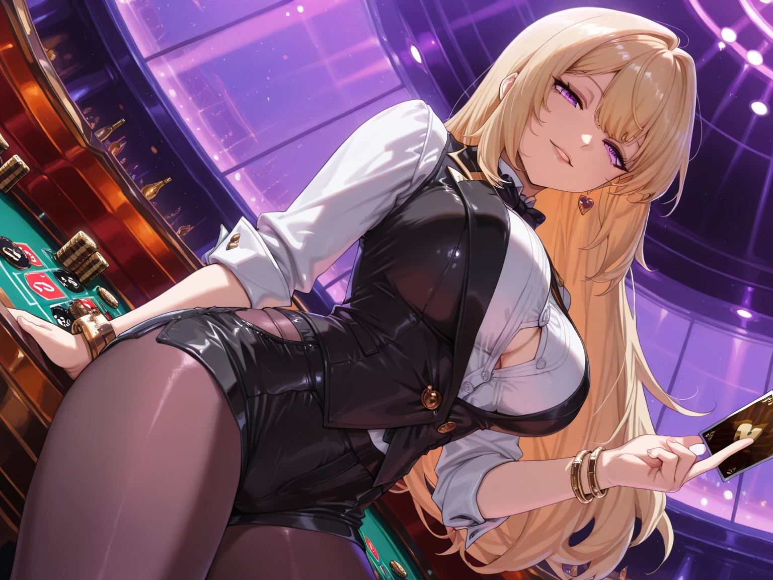 (masterpiece, best quality, detailed illustration, high resolution), ((1girl, solo)), ((huge breasts, large breasts, slim waist, long legs, fit body, toned body)), ((purple hair)), ((french maid, black and white clothes)), ((full body, closeup view)), ((standing)), ((facing the viewer)), office setting, ((fair skin)), oiled skin, ((large breasts, mature woman, mature female, mature lady)), (long hair), (detailed eyes), ((standing)), (blonde hair), twintails