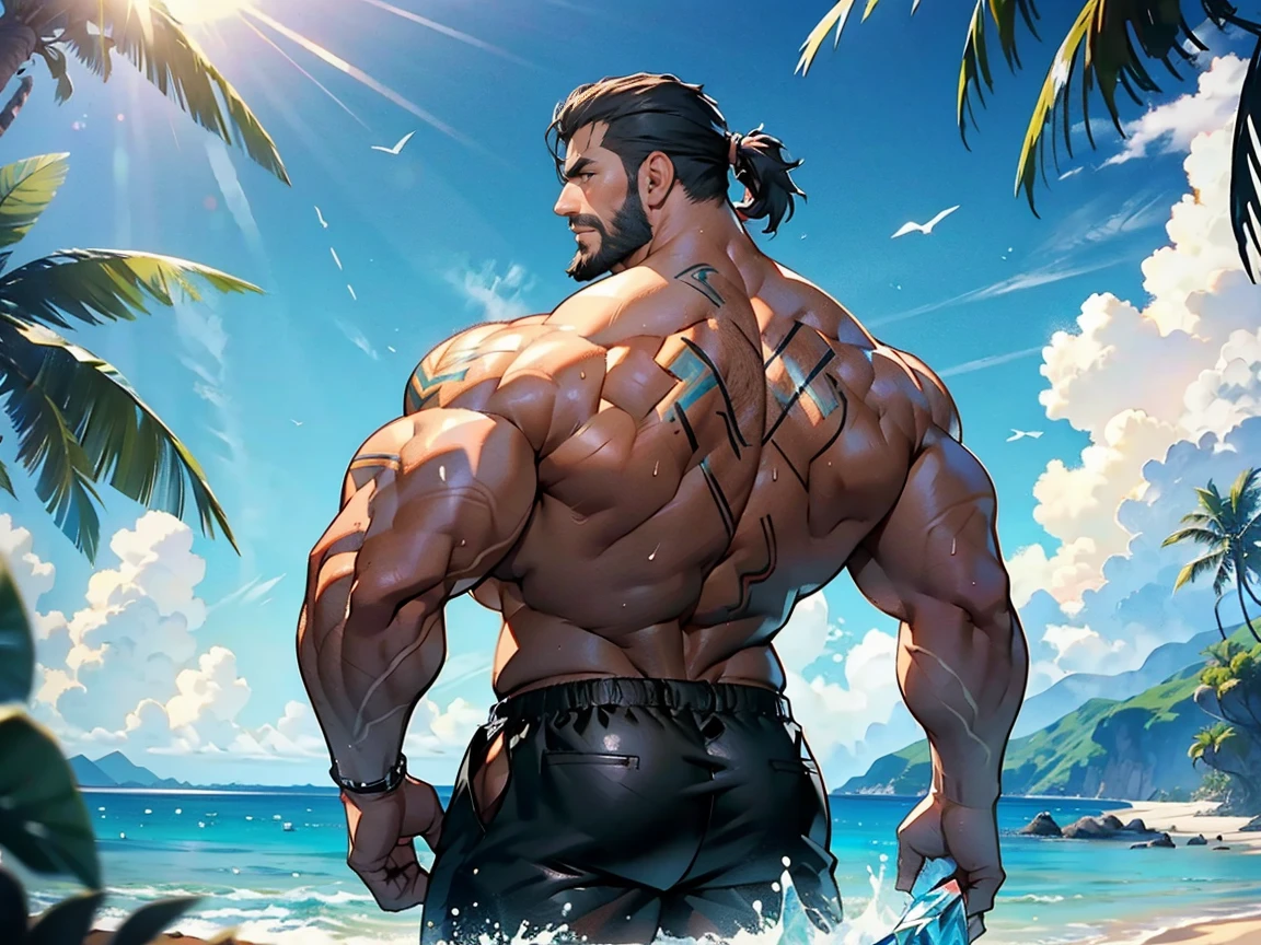 bodybuilding physique, A muscular man with a strong build.. He has a well-defined jaw and a serious expression.. His skin is clear, and he has a short beard. Football, american football clothing, rugby, Football player