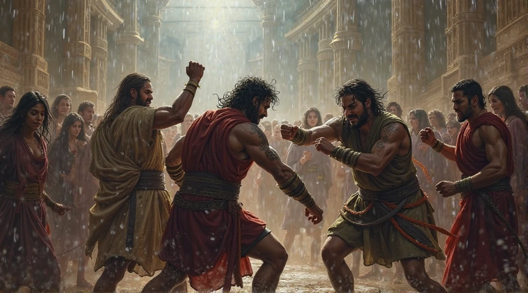 A  roman gladiator fighting with a fearless giant primitive man
with a primitive weapon & shield, in a battle arena, summer season, surrounding with many crowd people, masterpiece, artstation HD, ultradetail, 8k