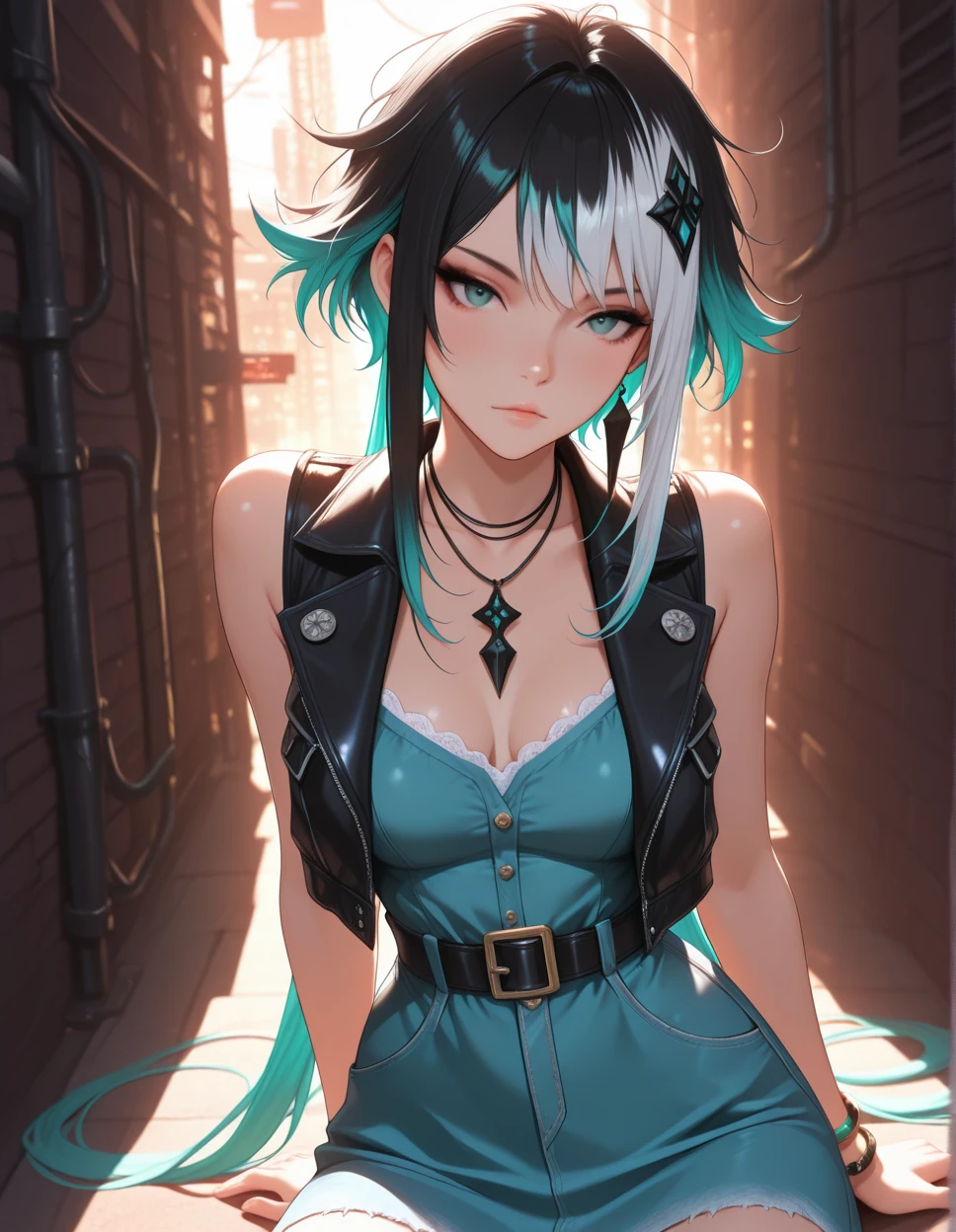 (a beautiful assassin woman), (walk toward the stone stairs),((perfect and thin body shape)), short ponytail, (green hair),(gradient eye colors), ((bright and clear eye)), green eyes, (nocturnal clothes without sleeves), black short nocturnal skirt, (Japanese shrine), ((rapid lighting attribute), ((purple and dark blue lighting)), (anime style), (((cinematic lighting))), ((ray tracing)), ((reflection light)), (((first-person view))), atmospheric perspective, masterpiece, accurate, ((best quality)), high quality, super detail, high details, ((anatomically correct)), highRes, UHD