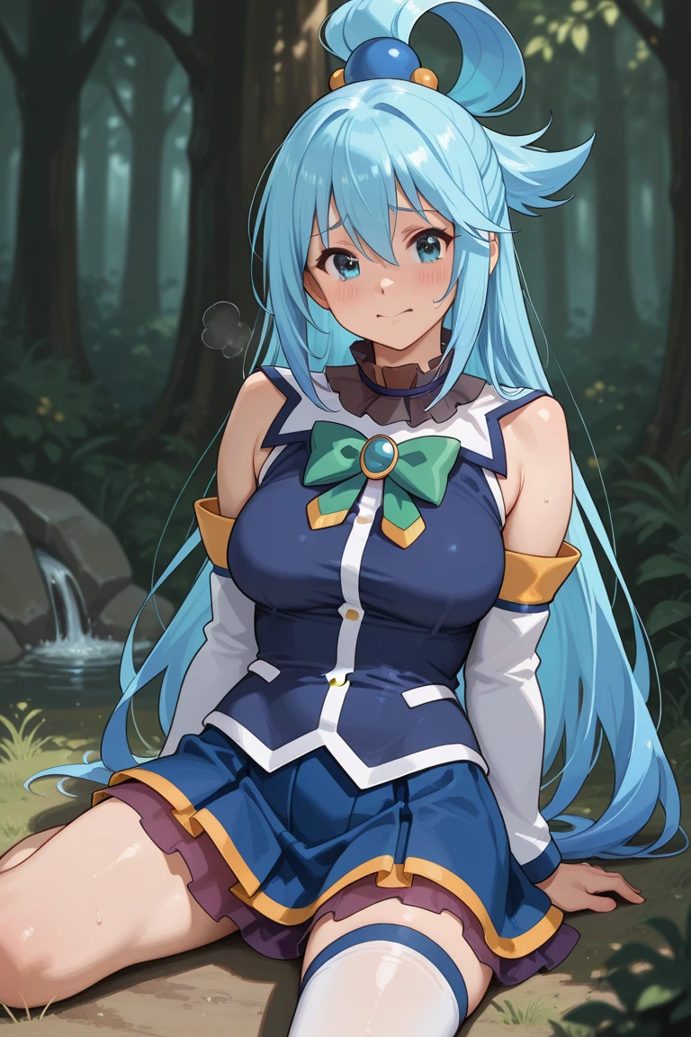 aqua \(konosuba\), 1girl, solo, (squatting), leaning forward, skindentation,, legs apart, no panties, (fisheye), thighs, head rest, blue eyes, blue footwear, blue hair, blue thighhighs, boots, breasts, white detached sleeves, hair ornament, hair rings, long hair, single hair ring, skirt, thigh boots, very long hair, kono subarashii sekai ni shukufuku wo!, grassland, creek, trees, dappled light, sky, full-face blush, open mouth, :o, surprise, shy, from below, looking at viewer, (knees together feet apart)