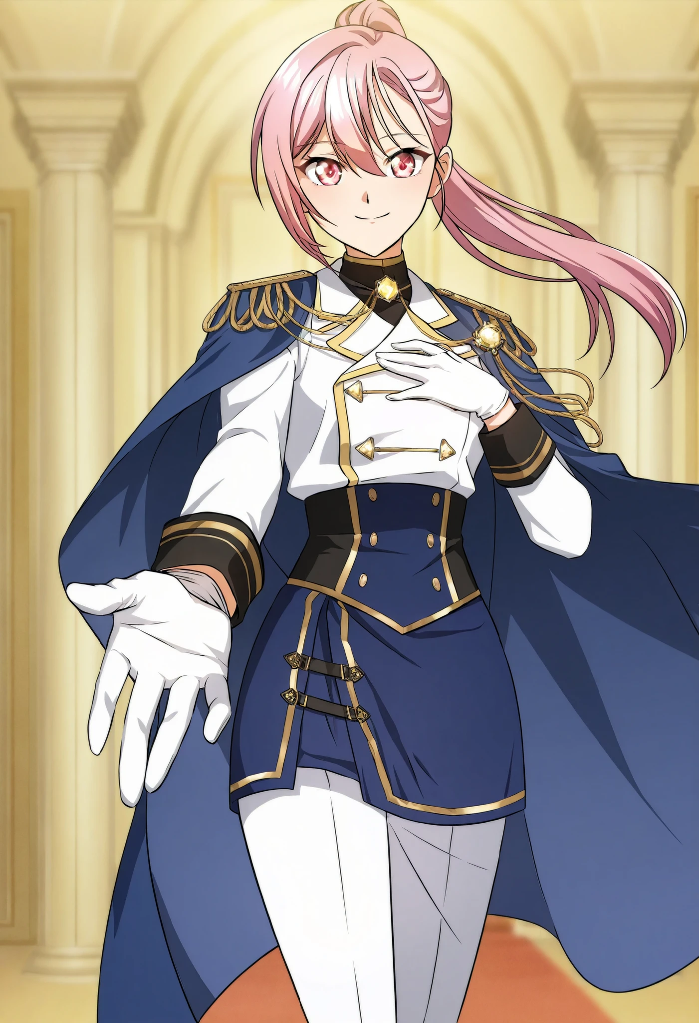 score_9,score_8_up,score_7_up,source anime,anime screencap,anime coloring,masterpiece,best quality,masterpiece,best quality,Regina rena, 1girl, solo , pink hair, ponytail,wearing a stylish military-inspired ,, white pants , blue skirt, Jacket , blue Cape ,white military-style jacket with gold accents, including decorative buttons and trim, Gloves , standing, one hand on chest ,smile, closed mouth, closed legs, royal elegant pose badass, shinny eyes, reaching towards viewer , soft thighs