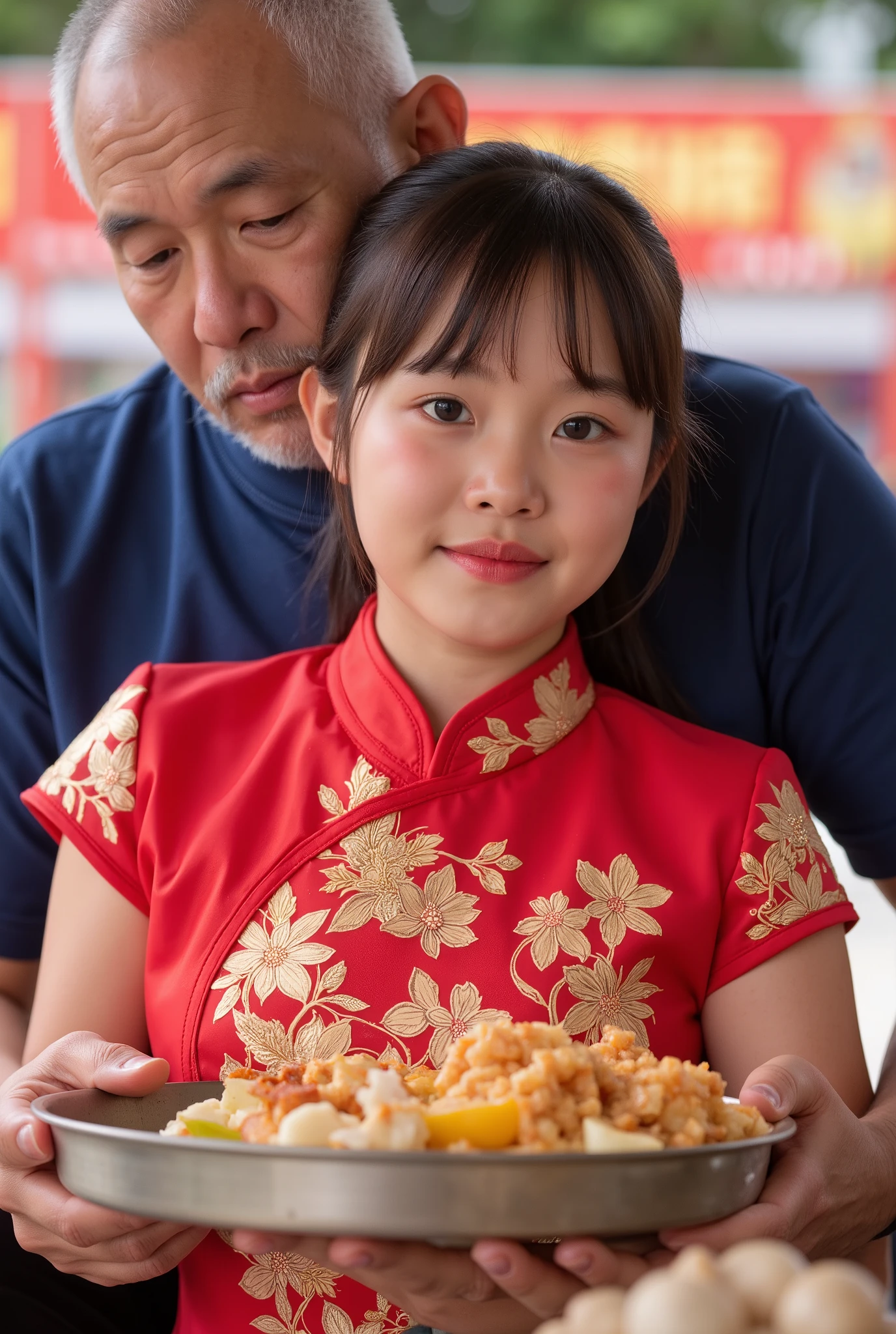 Beautiful Asian Southeast girl wearing traditional red cheongsam adorned with intricate golden patterns, girl red lips, the old man hugged him from behind, girl preparing cooking food at a street food festival