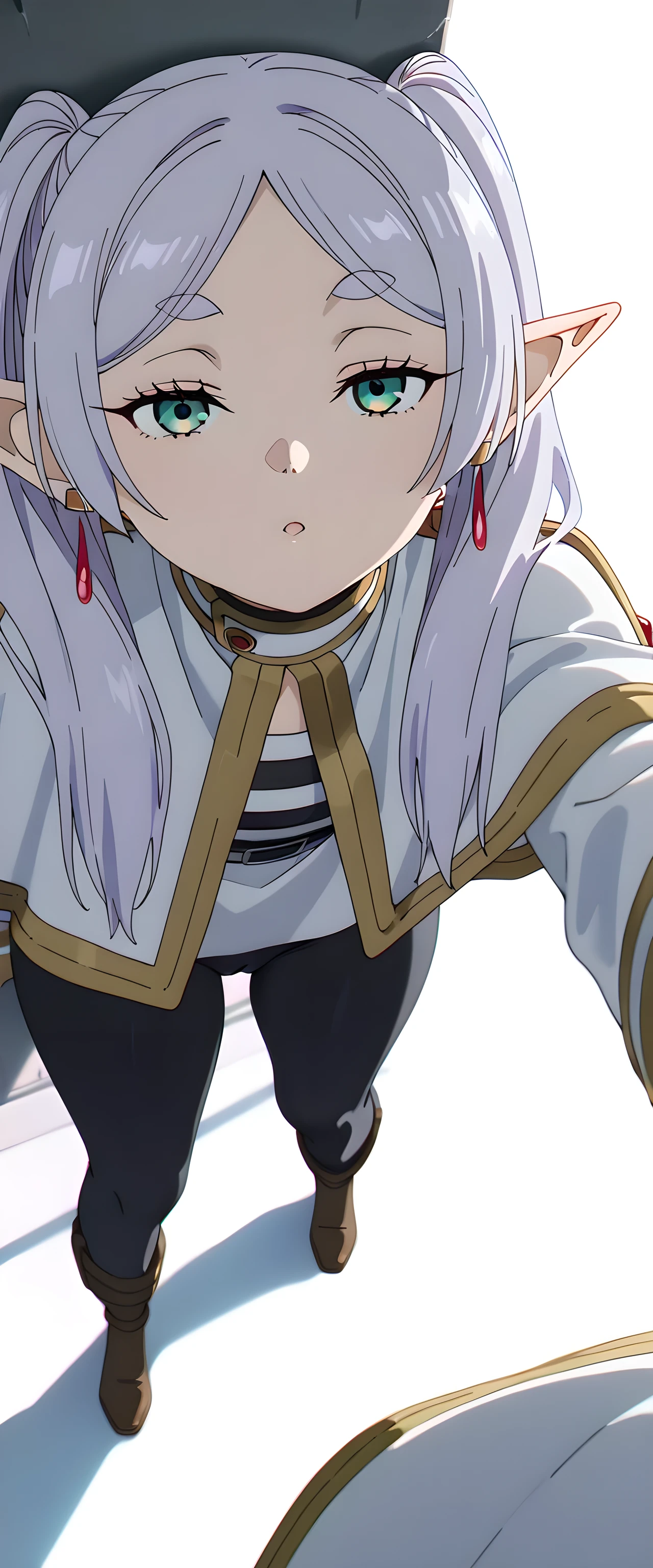masterpiece, best quality, newest, absurdres, highres, detailed eyes, multicoloured eyes, beautiful, detailed background, anime coloring, anime screencap, 1girl, solo, frieren, elf, pointy ears, grey hair, long hair, twintails, earrings, silver hair, white hair, green eyes, white capelet, (black pants), pants, simple background, white background, (against the wall, seductive pose), close up, (thick thighs), skirt, close-up, cameltoe, wide hips, incoming kiss, pov kiss, pov, close-up