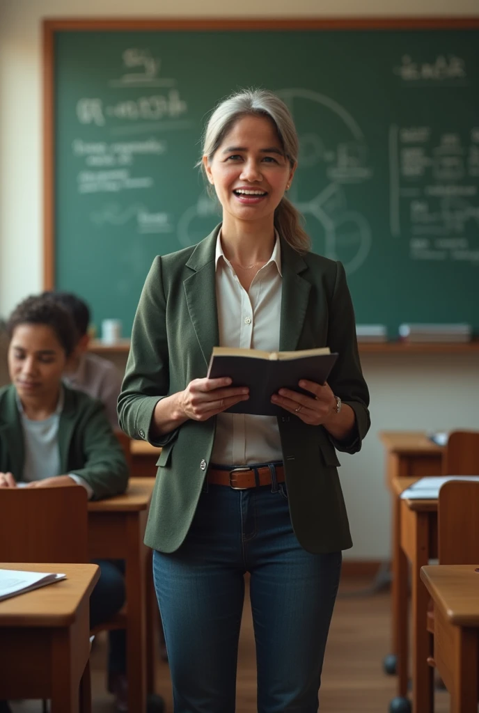 A smiling, , slim Portuguese female professor with dark, straight hair wearing a white lab coat. 
