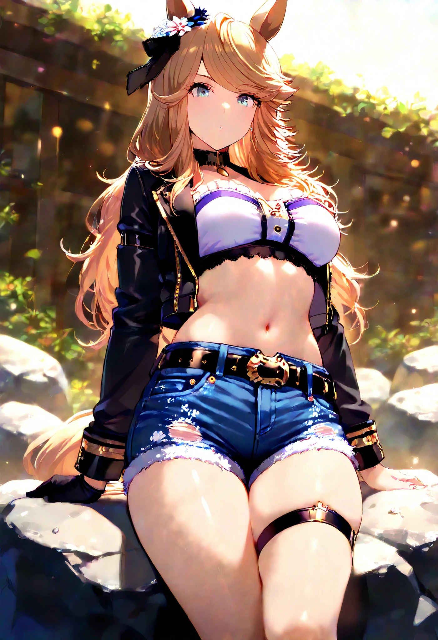 Gold City \(Uma Musume\), , 1 girl, alone, horse girl at work, bungs, green eyes, Yellow Ime, very long hair, gold, model, brown hair, purple eyes, horse ears, multi-colored hair, parted bungs, long hair, animal ears, tail, swept bungs, blue eyes, horse tail, earrings, , black choker with white star, rock, strapless, Bandeau , tube top, open jacket, black jacket, long sleeve, single gloves , black belt, denim shorts , shorts , Cut off, single thigh strap , (( masterpiece)), ( top quality), ( is ridiculous), (ultra detailed), ( so beautiful), upper body,