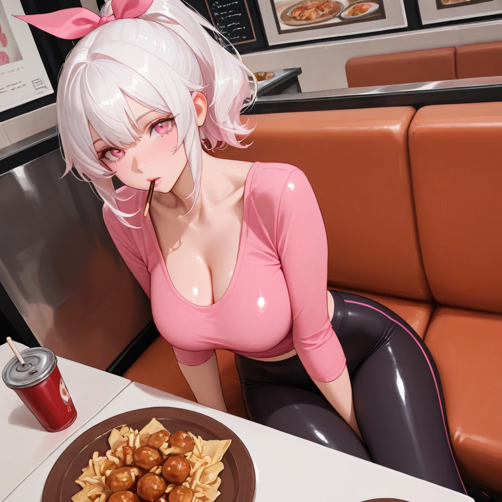 nsfw, masterpiece, 1 girl, erect nipples, intricately detailed, topless, navel, denim hotpants, bare shoulders, necklace, mcdonalds, interior, dj, headset, baseball cap, citypop, erect nipples, puffy nipples, extremely detailed, photorealistic, octane render, 8 k, unreal engine, bare breasts, nipples, bare stomach, sweaty, people on background, moist breath, small breasts, flat chests, child, smiling, leaning forward, collarbone, wet body, pink hair, ray of lights, nipple-piercing, fastfood counter, nipple chain