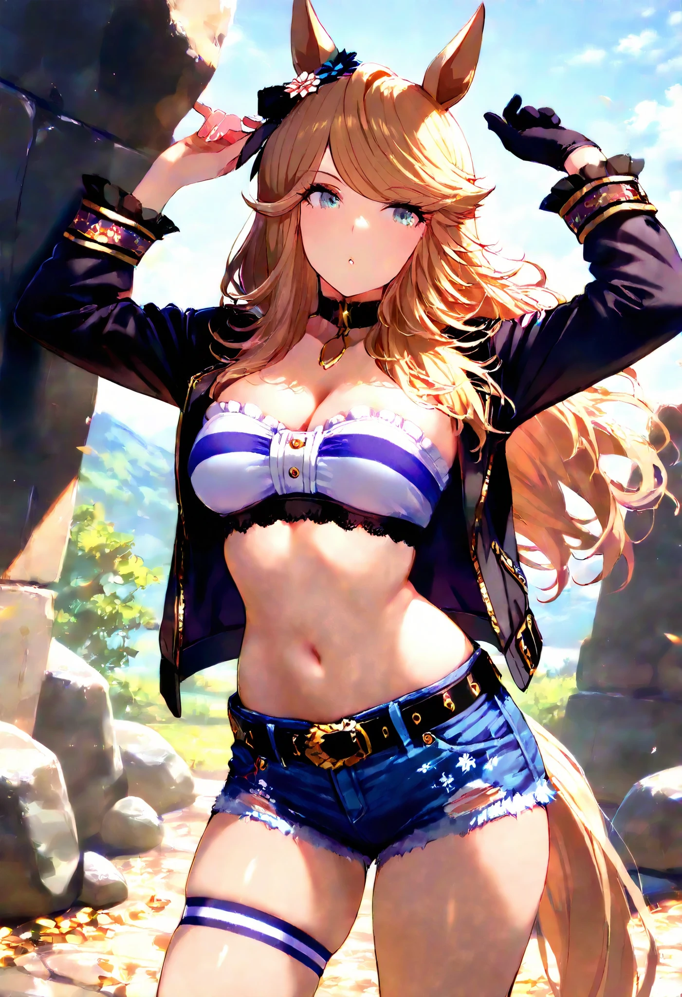 Gold City \(Uma Musume\), , 1 girl, alone, horse girl at work, bungs, green eyes, Yellow Ime, very long hair, gold, model, brown hair, purple eyes, horse ears, multi-colored hair, parted bungs, long hair, animal ears, tail, swept bungs, blue eyes, horse tail, earrings, , black choker with white star, rock, strapless, Bandeau , tube top, open jacket, black jacket, long sleeve, single gloves , black belt, denim shorts , shorts , Cut off, single thigh strap , (( masterpiece)), ( top quality), ( is ridiculous), (ultra detailed), ( so beautiful), upper body,