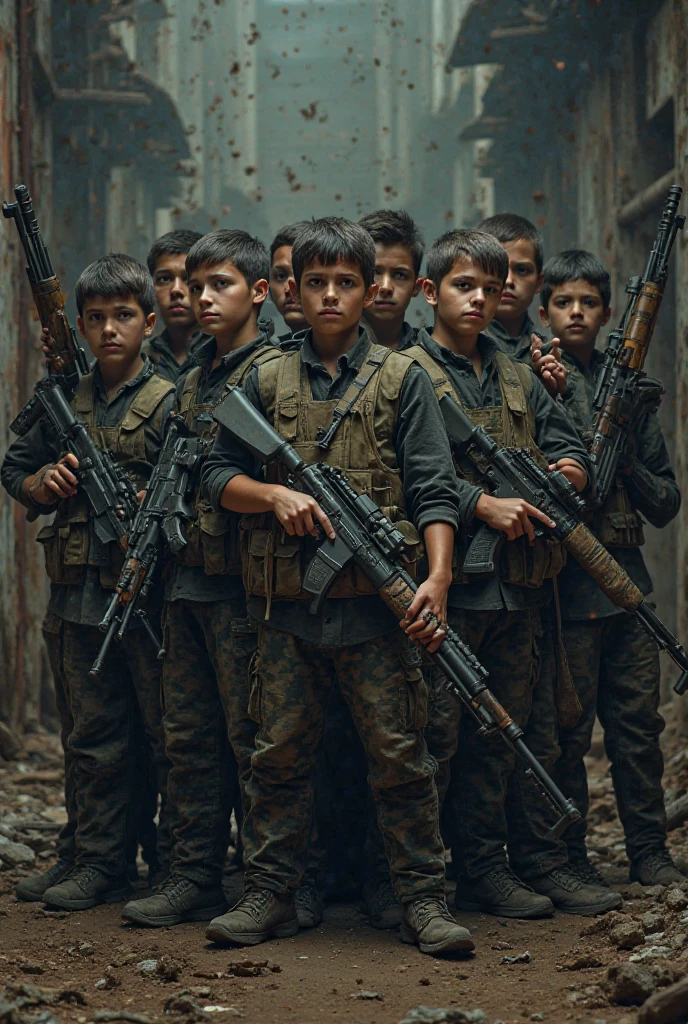 Picture of boys from Faglia from a faction with weapons in their hands taking a photo