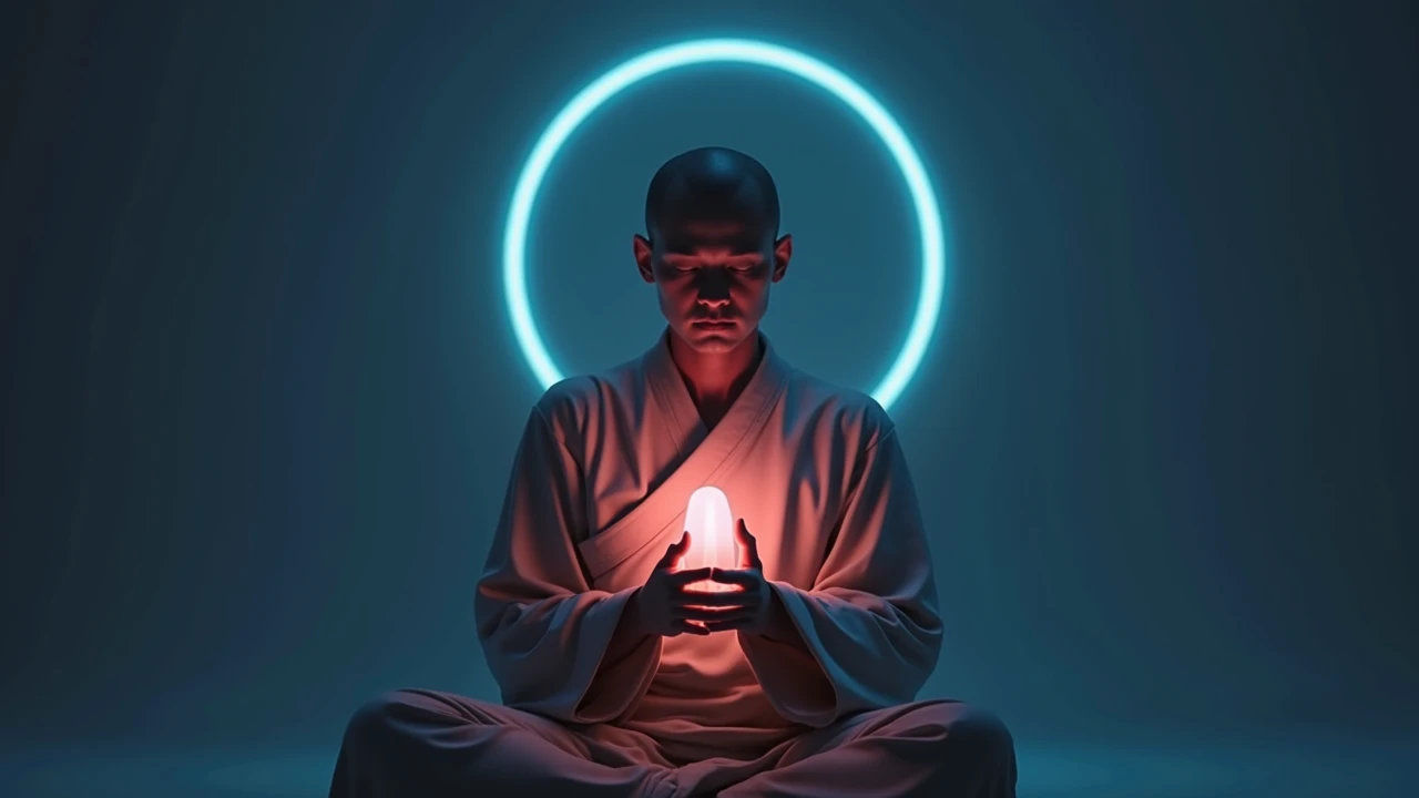 a man in a red robe sitting in a circle with a glowing halo around him and a glowing ring around him in the background, , Beeple, redshift render, a raytraced image, global illumination, a 3D render,  volumetric light, photorealism, vaporwave