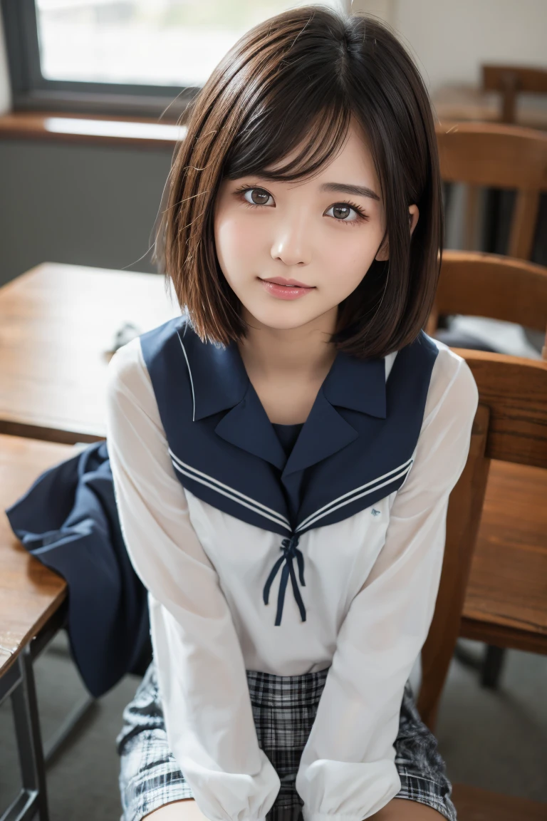 (Raw photo:1.2), (Photottorial,:1.4), a beautiful detailed girl, extremely detailed eye and face, beatiful detailed eyes, Ridiculous, unbelievable Ridiculous, huge filesize, ultra-detailliert, hight resolution, ighly detailed, best qualtiy, masuter piece, , Kemomimi, ((Japan Girls' High School Uniform)), illustratio, ighly detailed, UHQ, unification, 8k wallpaper, magnifica, finely detail, masuter piece,, best qualtiy, Highly detailed UHQ uniform 8k wallpaper, Light on the face、电影灯光、16yo girl、((dynamicposes)))、(camel's toe)、(half)、(panthyhose、、、、)、(Sit on your legs with your knees bent))、shorth hair、shorth hair、long neck、Put your ears out、bangss、big eye、Lashes、cute little、a very cute
