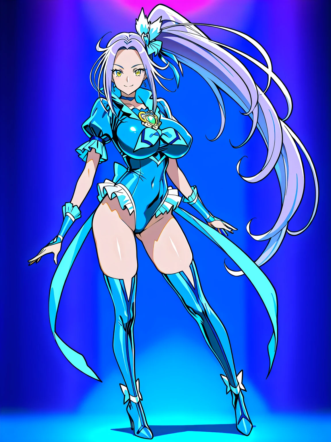 score 9 、score 8 up、score 7 up、source anime、masterpiece、top quality、high resolution、Highly Detailed Faces、 very detailed eyes、anime coloring、1girl、cure beat、Navy blue leotardドレスを着た漫画の女性キャラクターの接写、beefcake standing、purple hair、side ponytail hair、high ponytai lhair、very long hair、parted bangs、stupid hair、yellow porn、eyelash、shiny hair、 hairpin、hair bow、earrings、solo、The girl of the zodiac、Magical Girl、portrait The girl of the zodiac、Long Legged 、covered breasts、Big Breasts、EXTRA BIG BREASTS、navy blue puffy short sleeves、frilled sleeves、Bare legs、Bare Crotch 、Bare Thighs、wrist cuffs、purple neckwear、 purple choker、jewelry、heart brooch、navy blue legwear、navy blue thighhighs、navy blue footwear、knee boots、high heels、Navy blue leotard、!!full body portrait!!、 Magical Girlのスタイル、 magical aura、Anime Princess 、naughty anime style、cure beat outfit arranged in a leotard style、skirtless leotard dress、hymn to the king as a princess、high leg cut、skirtless leotard、Covered trapezius、biceps、biceps long head、biceps short head、triceps、triceps medial head、triceps lateral head、triceps long head、brachioradialis 、covered deltoids、thigh muscles、covered adductor magnus muscles、cool smile、sexy smile、perfect body、perfect hands、perfect arms、perfect legs、tall girl、looking at viewer、female focus、cowboy shot、beefcake style、blue background、purple background、two tone background、gradient background、multicolored background、