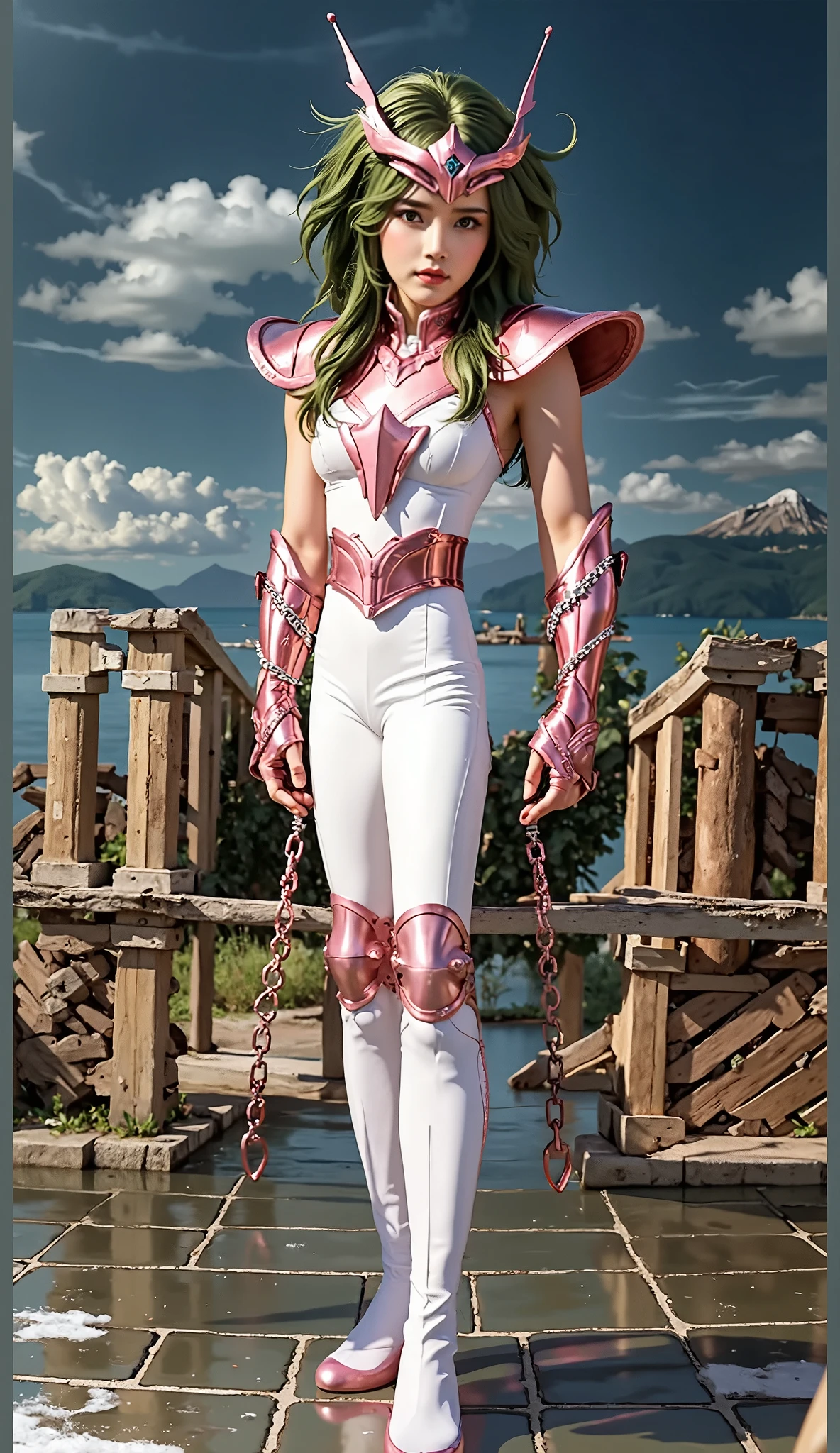 A Strawberry Knight (female, strawberry like face, strawberry themed and decorated plate mail (electric pink tint), strawberry decorated sword) standing at attention by the pineapple king, fruit salad city medieval themed