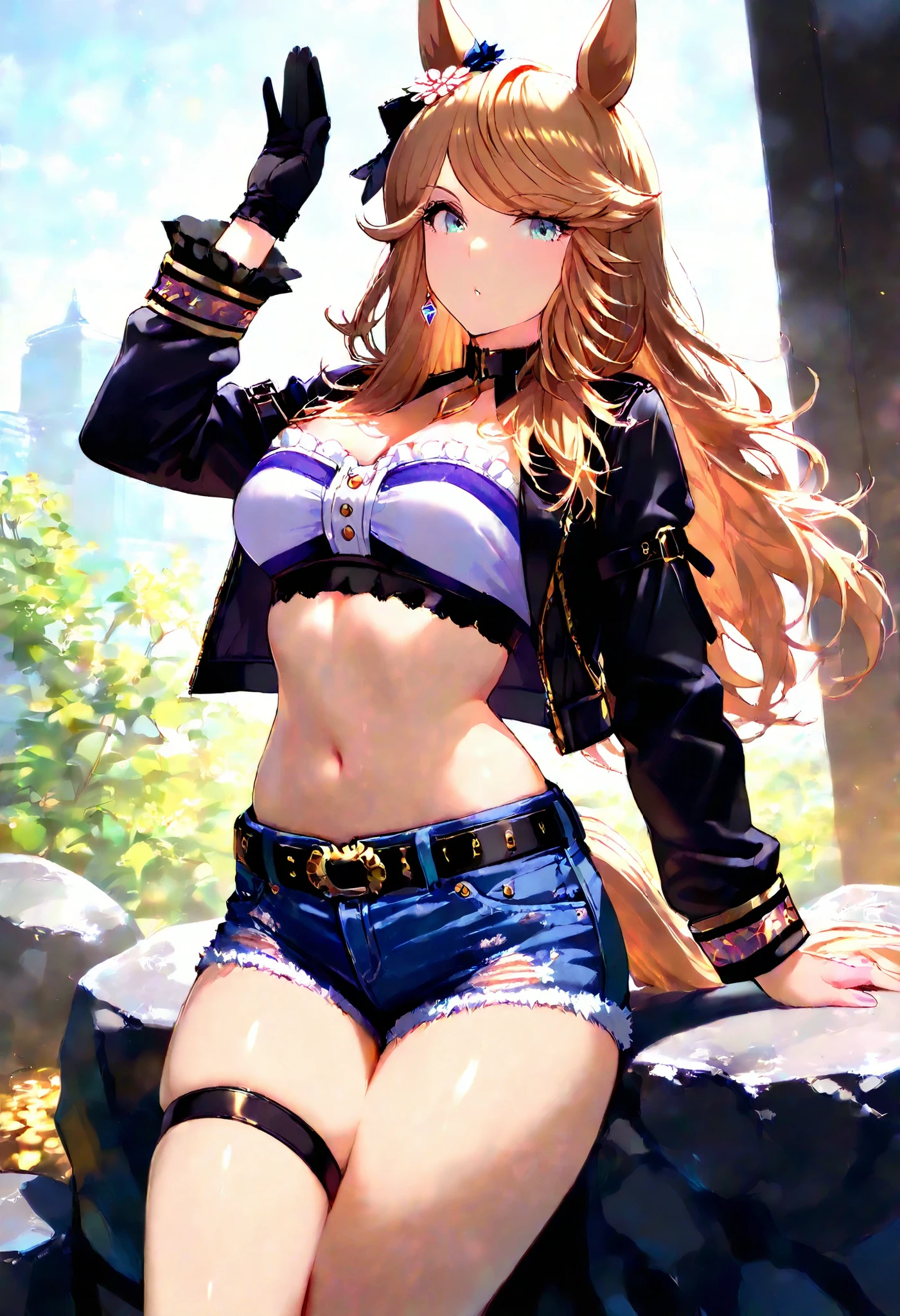 Gold City \(Uma Musume\), ,  1 girl, alone,   horse girl at work, bungs,  green eyes,  Yellow Ime, very  long hair,  gold,  model,  brown hair,  purple eyes,  horse ears,  multi-colored hair, parted bungs,  long hair,   animal ears, tail, swept bungs,  blue eyes, horse tail, earrings,  ,   black choker with white star, rock,   strapless, Bandeau  ,  tube top,  open jacket,  black jacket,  long sleeve, single gloves , black belt,   denim shorts  ,  shorts ,  Cut off,  single thigh strap , (( masterpiece)), ( top quality), (  is ridiculous), (ultra detailed), ( so beautiful),  upper body,