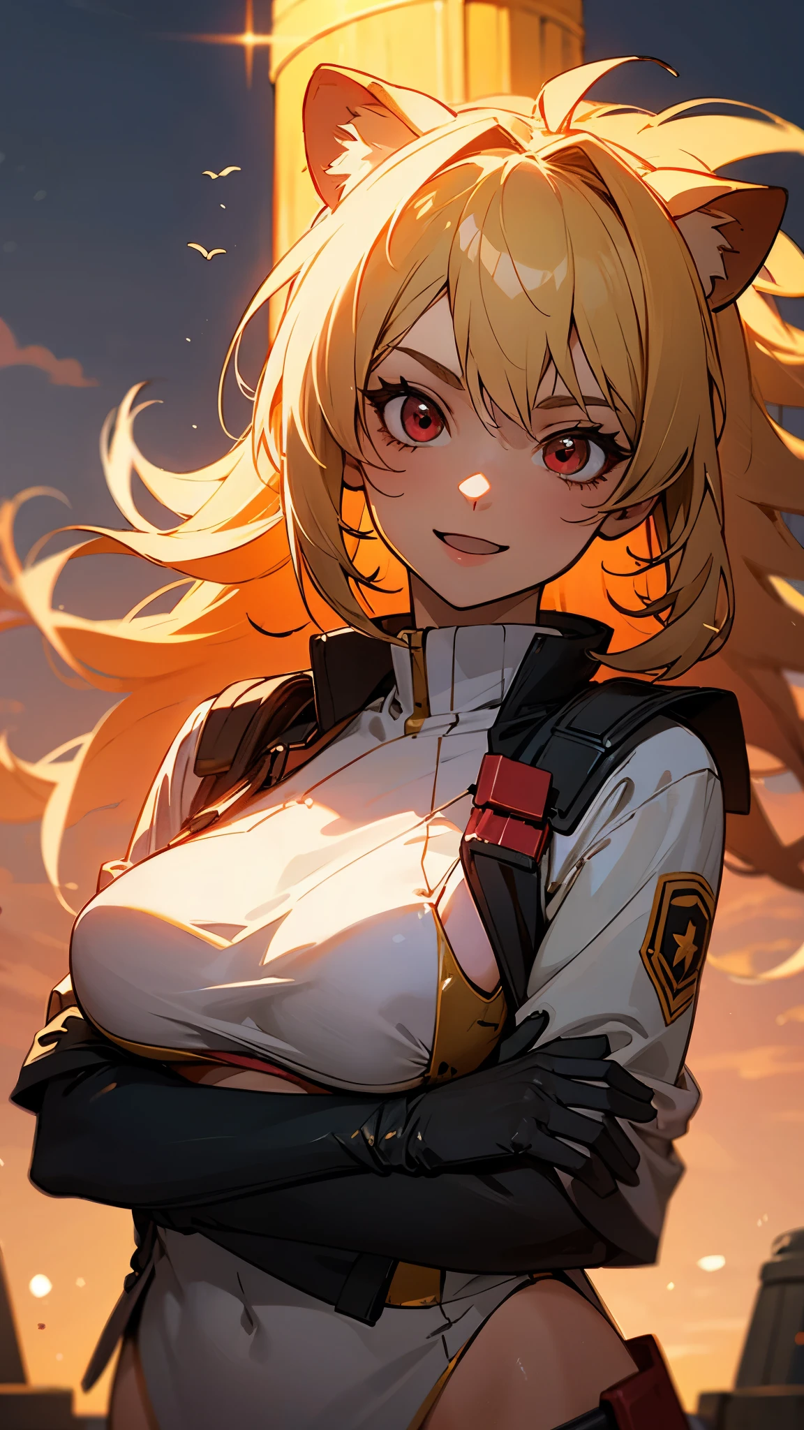 a fox ear girl, yellow long hair, very big breast, green eye, black jacket, smile