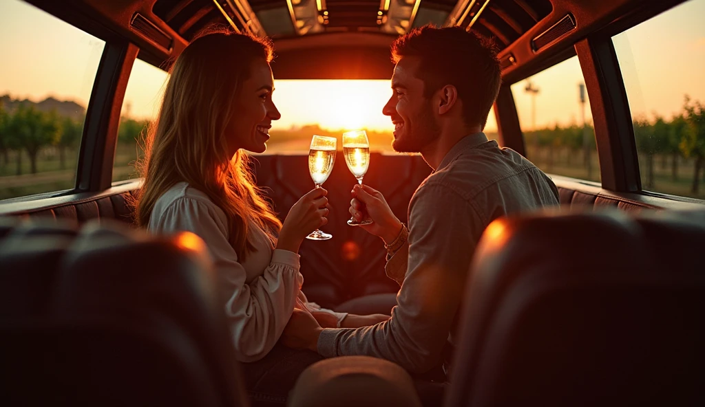Make a realistic photo in which a fit man with beard and medium hair sitting on limousine and wearing a brown shirt and black pant and a girl in bikini sitting around him with a glass of wine .. and I love you kshitij written in clear words on her bra