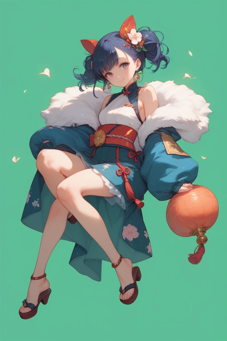 1girl, bare shoulders, black fundoshi, black thighhighs, breasts, chinese clothes, collarbone, detached sleeves, dudou, earrings, eyeliner, forehead jewel, fundoshi, gourd, horns, japanese clothes, jewelry, looking at viewer, low twintails, makeup, oni, open mouth, pointy ears, purple eyes, purple hair, short hair, short twintails, skin-covered horns, small breasts, solo, thighhighs, thighs, twintails, outdoors, mountain <lora:Vanillaware_XL:1>, score_9, score_8_up, score_7_up, score_6_up, score_5_up, score_4_up, BREAK source_anime, masterpiece