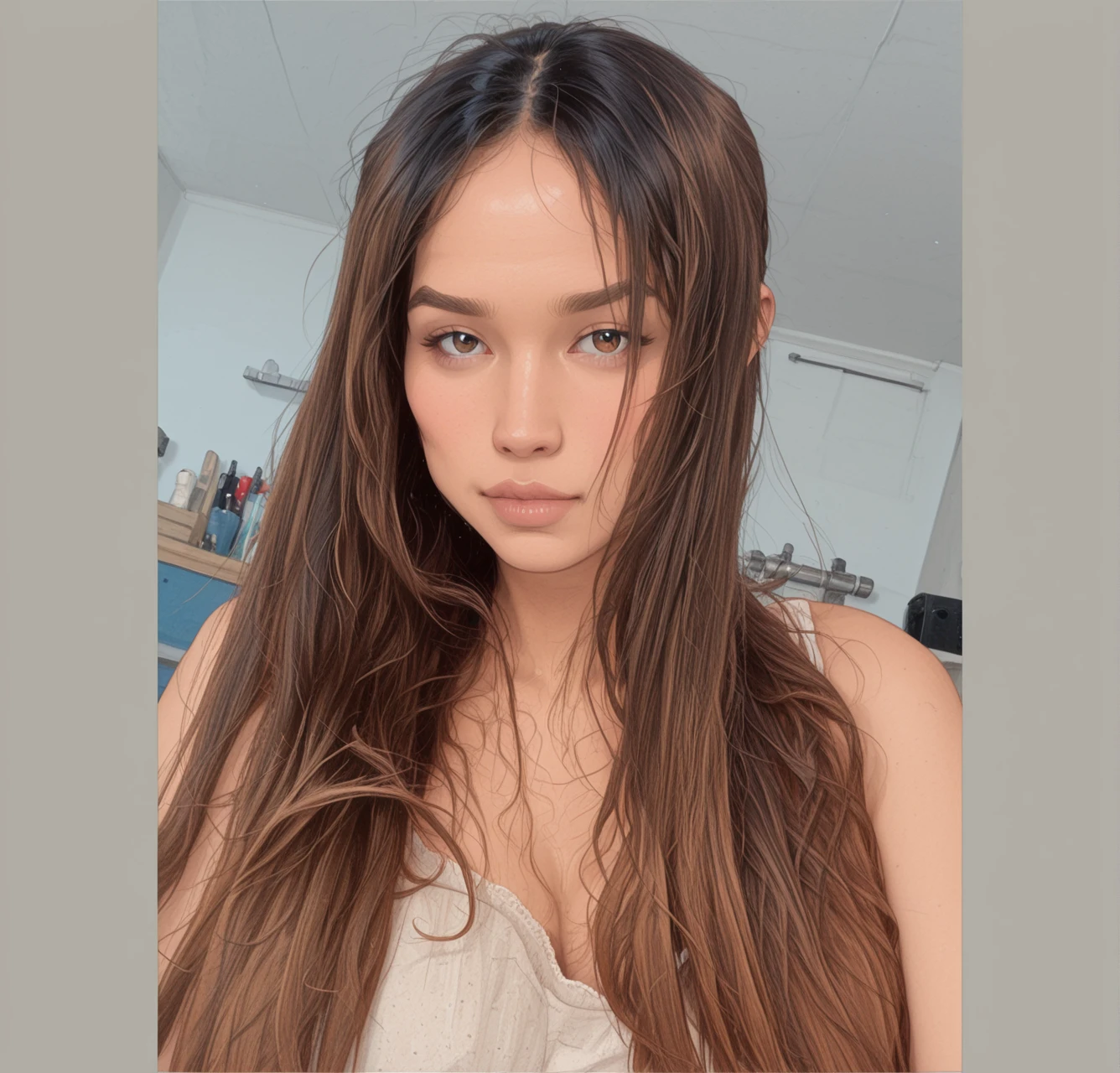arafed woman de 18 years de edad, with long hair at night, Free hair. evening, with long hair, Woman with brown hair, long and shiny hair, ☁🌪🌙👩🏾, she looks like a mix of grimes, leaked image, very very high quality image, with sunset, 18 years