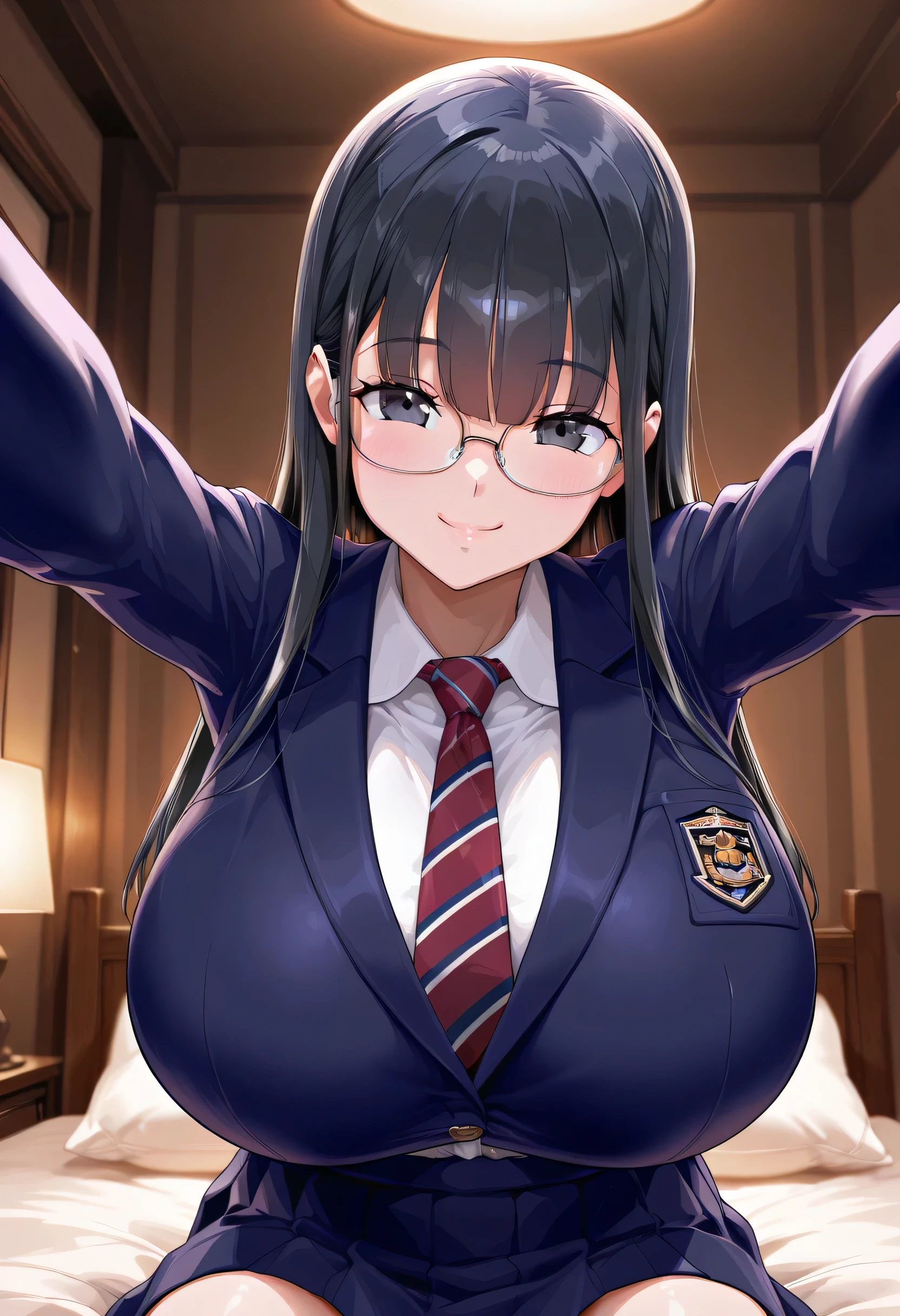1 girl,front, popup,too big chewy ,hyper breasts,straight hair that sits on its own,upper body,close your mouth,Night Bedroom,navy blue blazer,navy blue skirt,uniform,burgundy striped tie,smile,front,black eyes,masterpiece,top quality,ultra-high image quality of processing,smile,cowboy shot,glasses,without arms,place your hands on the bed