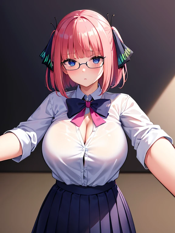 masterpiece, Beautiful art, professional artist, 8k, art style by sciamano240, Very detailed face, Detailed hair, detailed clothing, detailed fabric, 1 girl, perfectly drawn body, beautiful face, broad, very detailed, wearing teacher clothes, thigh high boots, tube skirt, Glasses, looking angrily over Glasses, Sensual Lips , pink cheeks, School environment, detailed background, board , show details in the eyes, close up view, spectator looking, angry expression,