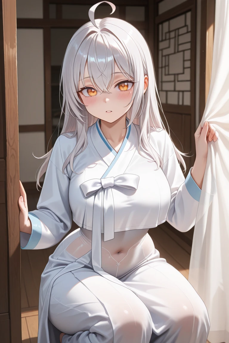 (bestquality、A masterpie:1.2)、Ultra High Res、lifelike、Front lighting、with intricate details、Exquisite details and textures、1girl、solo、(young)、Facial Highlights、fulllllbody、Detailed face、Teardrop mole、White Skin、Silver hair、ponytails、Braid hair、Watch your audience、s big eyes、Silk robes、(Hollow pattern、WHITE、silk)、ear ring、tiny breasts、Slim body、Luxurious room、professional Lighting、Photon mapping、 Radiosity、physically based rendering、(((pull up skirt、White lace panties visible)))、